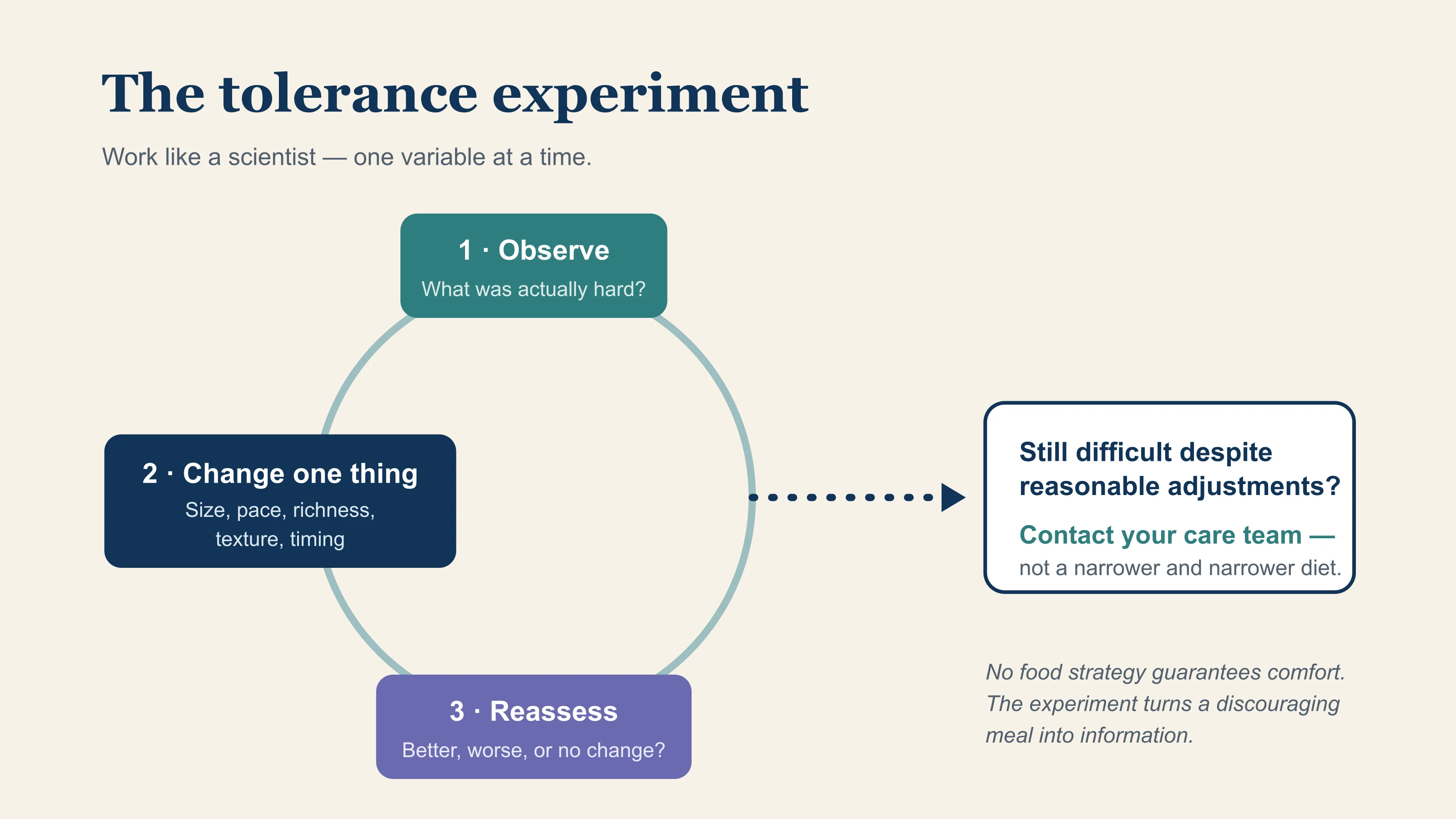A repeating loop for meals that sit badly — observe what was hard, change that one thing, reassess over the next few meals — with an exit when eating stays difficult despite reasonable adjustments: contact your care team rather than narrowing the diet further.