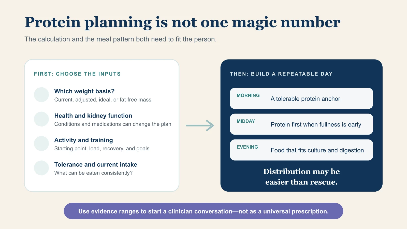 A protein plan considers the calculation basis, health, training, tolerance, and current intake before building a repeatable food pattern across the day.