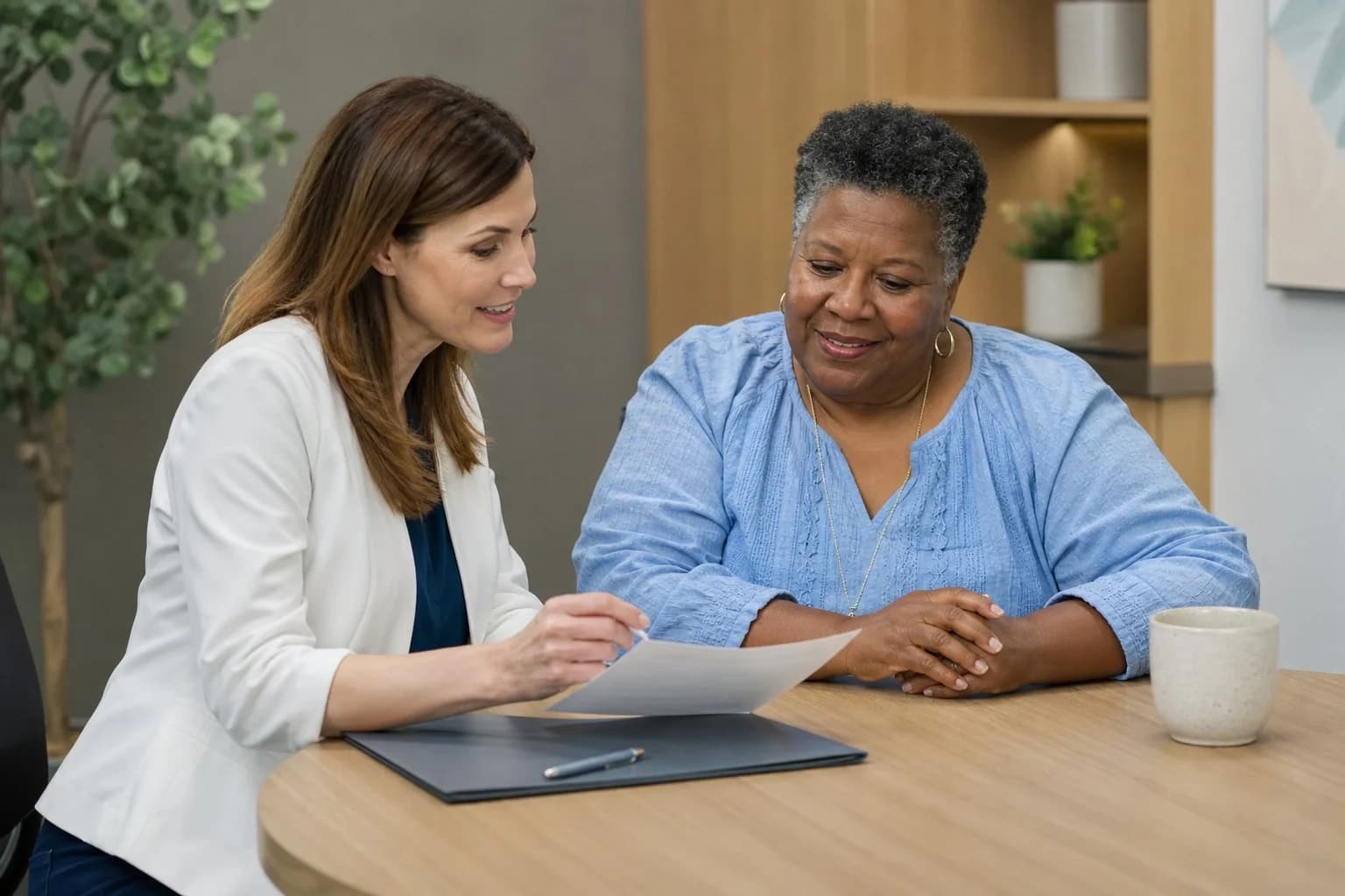 A clinician and a patient lean over a document at a table, reviewing a plan together in a quiet office.