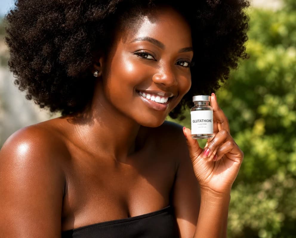 Smiling woman holding a glutathione vial outdoors