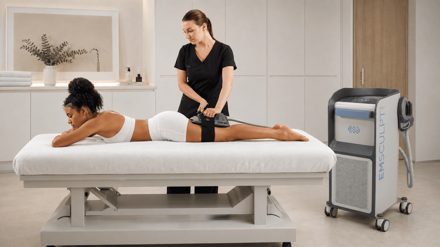 An EMSCULPT NEO body-contouring treatment in a bright treatment room