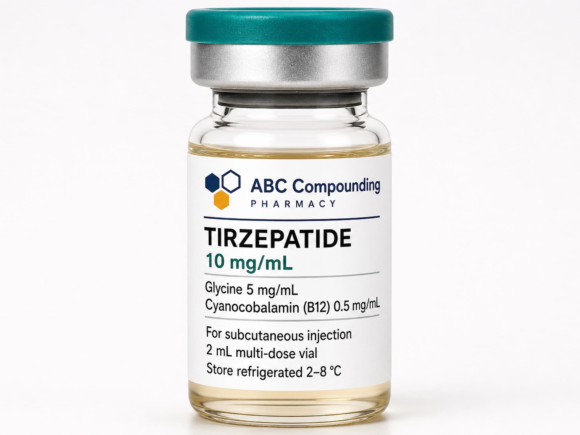 Close-up of an ABC Compounding Tirzepatide vial, 10 mg/mL with glycine 5 mg/mL and cyanocobalamin 0.5 mg/mL