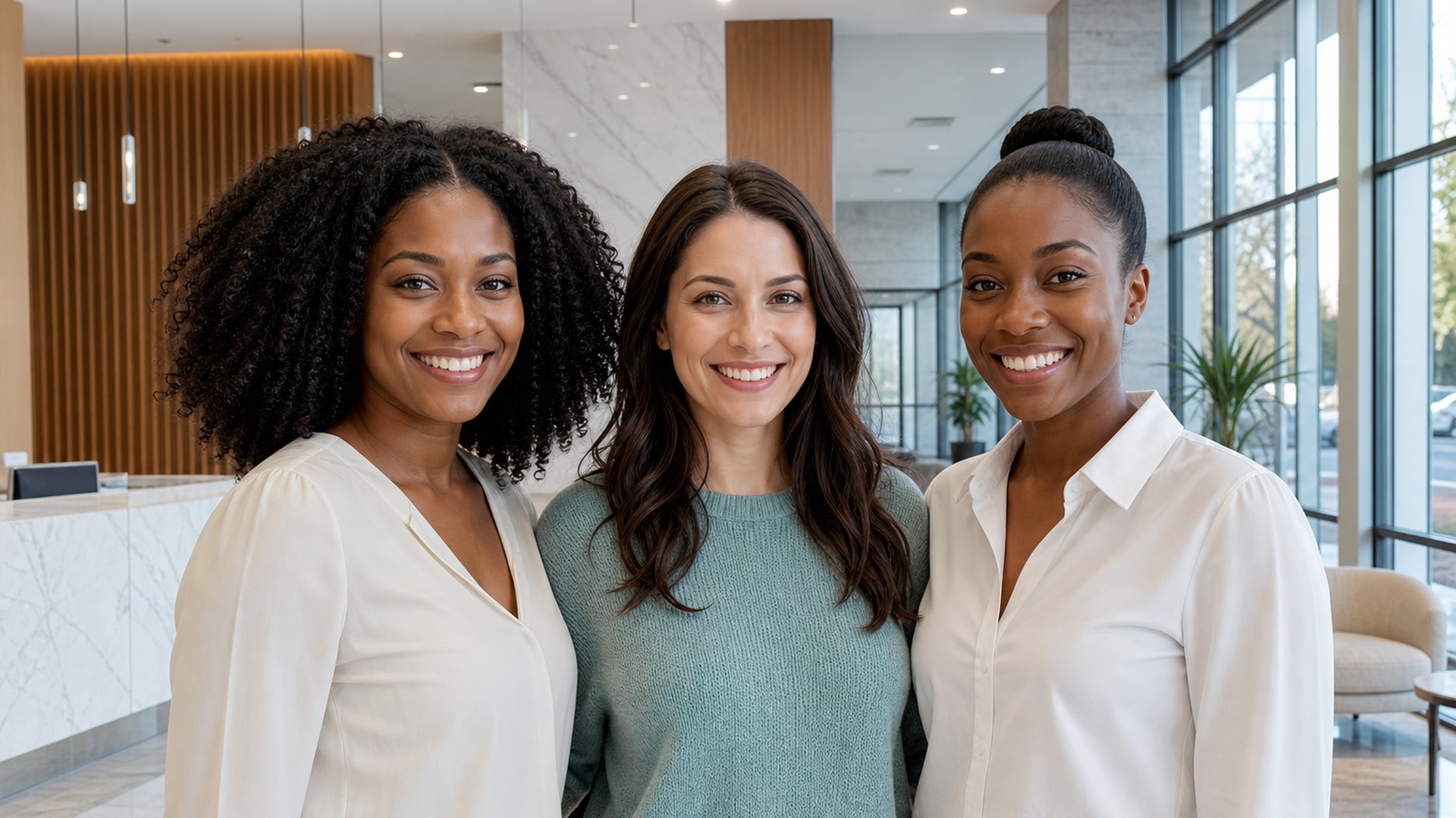Three women in their late 20s smiling in a bright clinic lobby