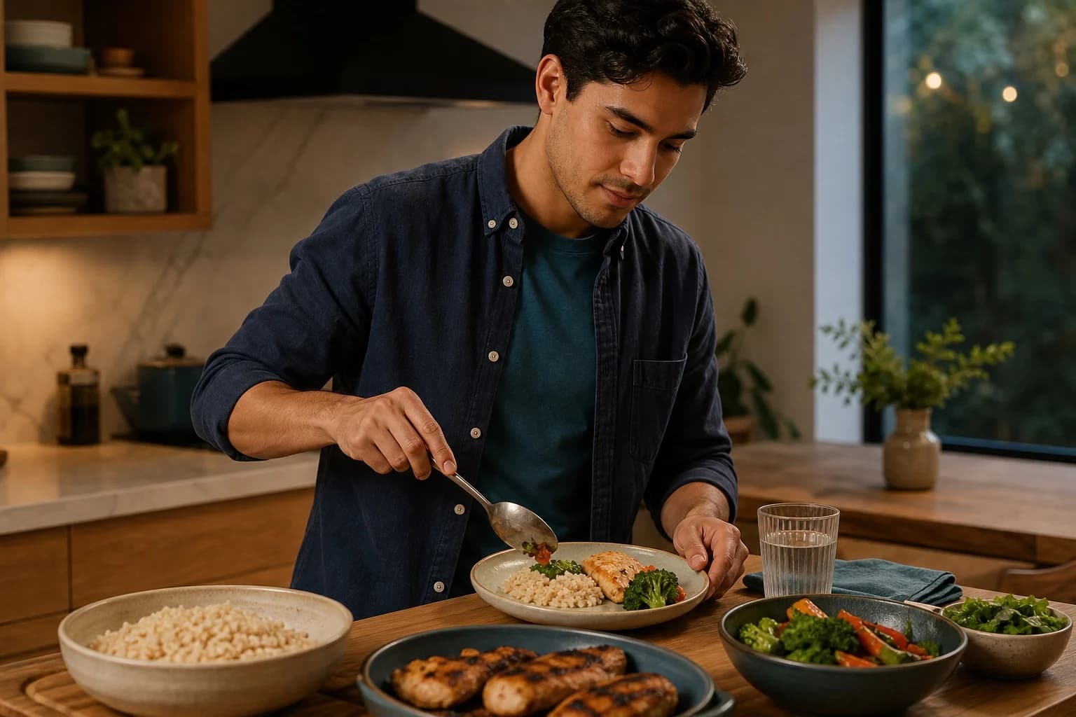 A young Hispanic man calmly serving himself a smaller balanced dinner portion.