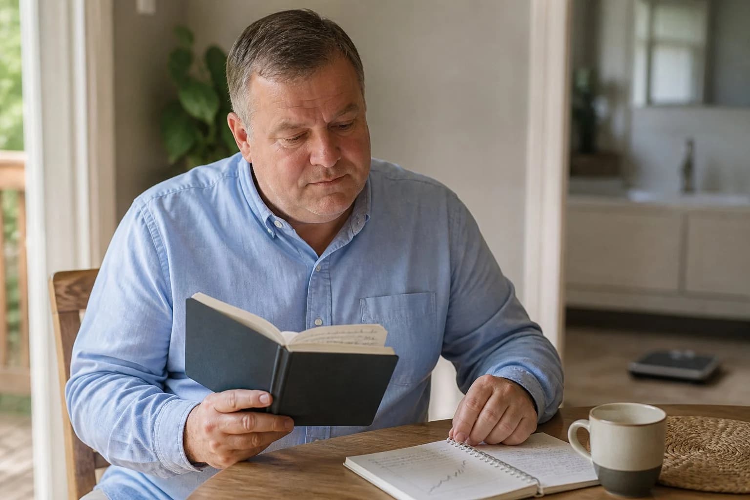 A middle-aged man reviews a handwritten trend graph in a spiral notebook at a sunlit table, holding a small journal in his other hand.