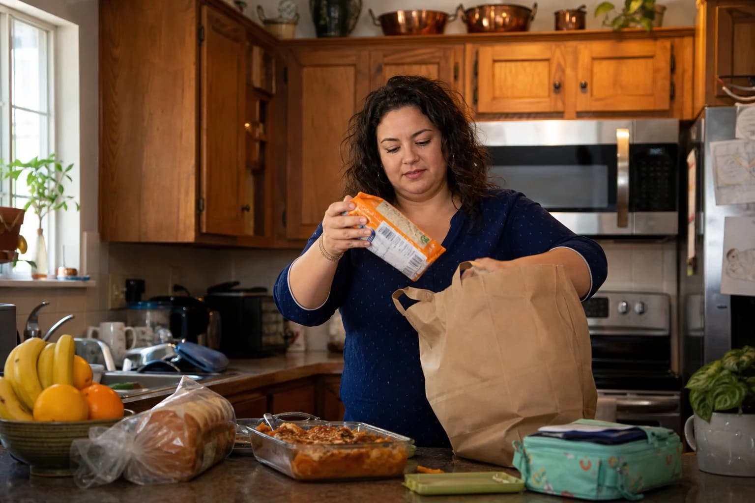 A woman in a home kitchen unpacks groceries and reads a food package, with fruit, bread, and a prepared dish on the counter.