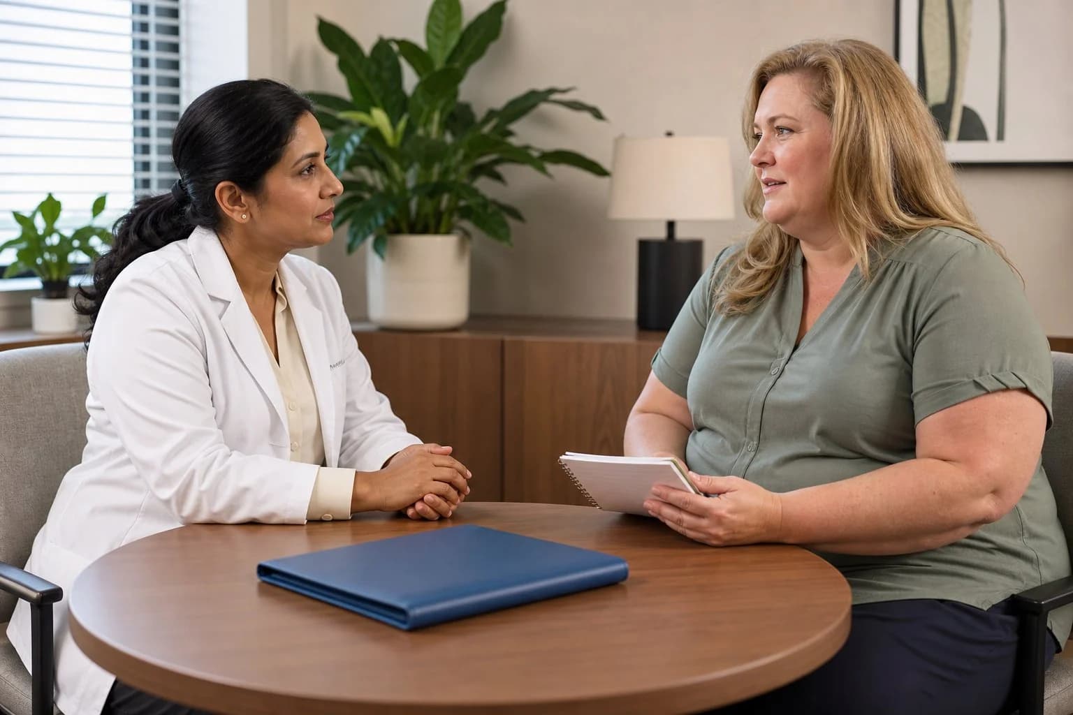 A physician in a white coat and a patient with a notebook sit across a table in a calm office, talking through a maintenance plan.