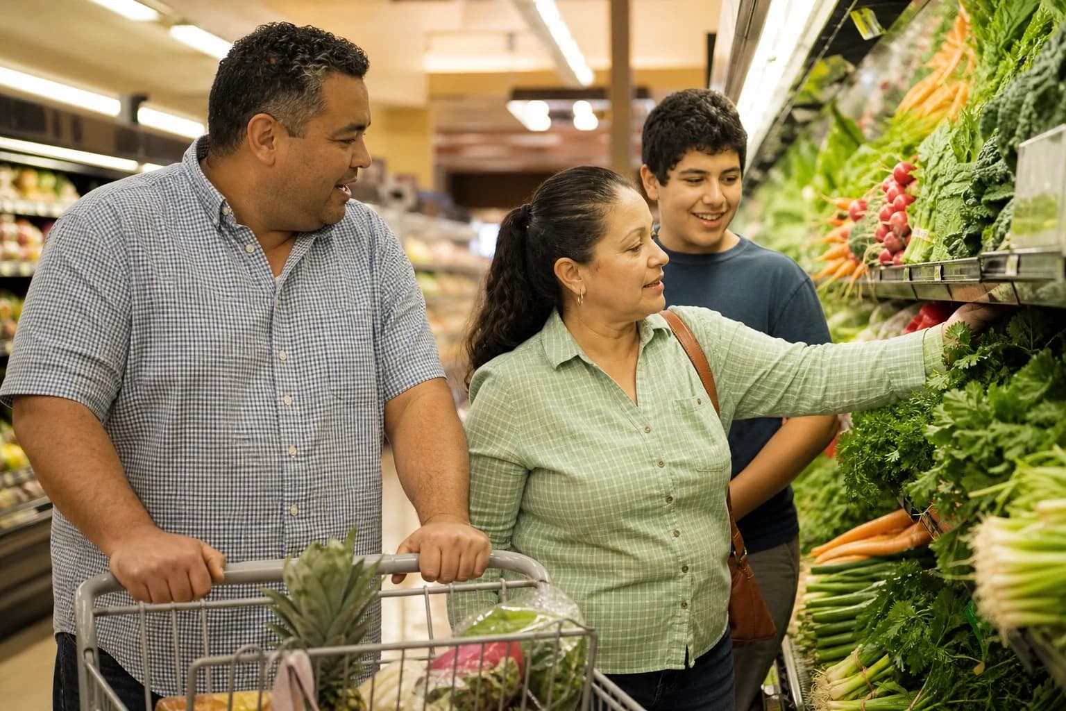A family shops for produce together, choosing vegetables from a grocery display while a cart holds pineapple and greens.