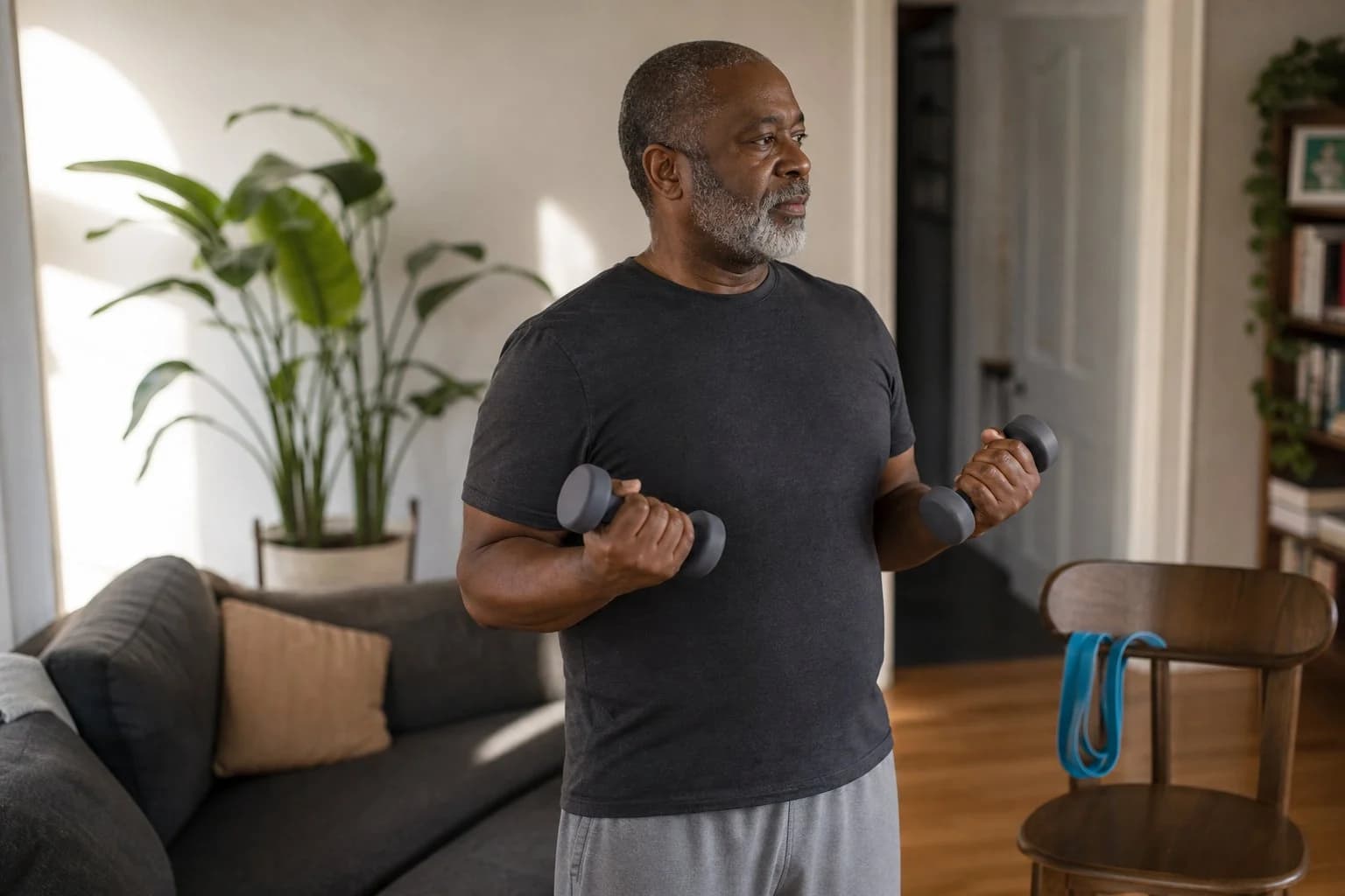 An older man performs dumbbell curls in a living room, with a resistance band resting on a nearby chair.