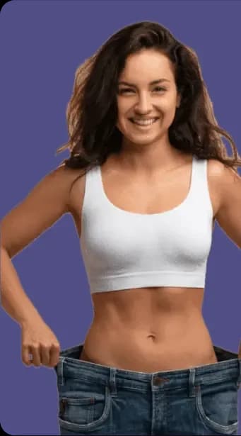 Illustrative portrait of a woman holding the waistband of loose jeans