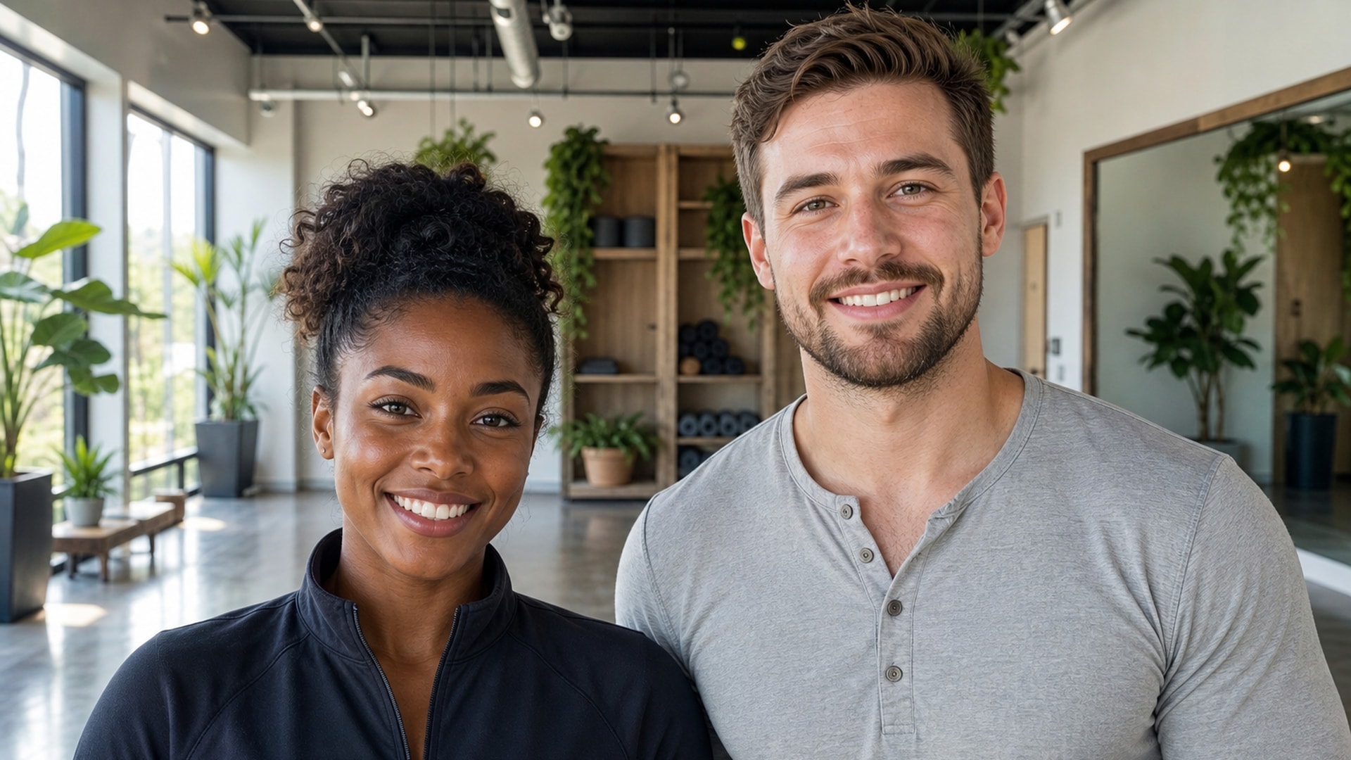 A woman and a man in their late 20s smiling in a wellness studio