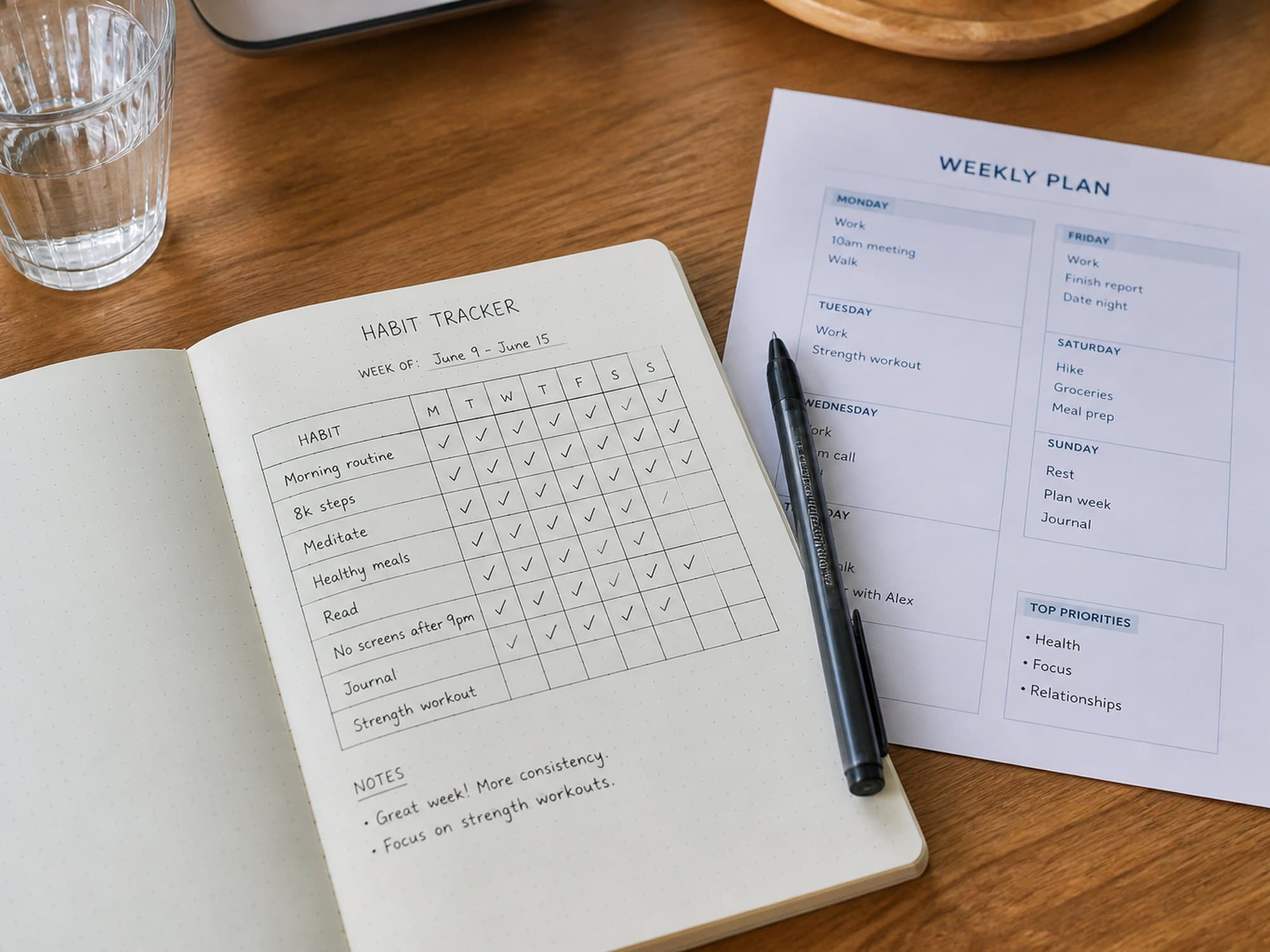 A weekly coaching plan notebook on a desk