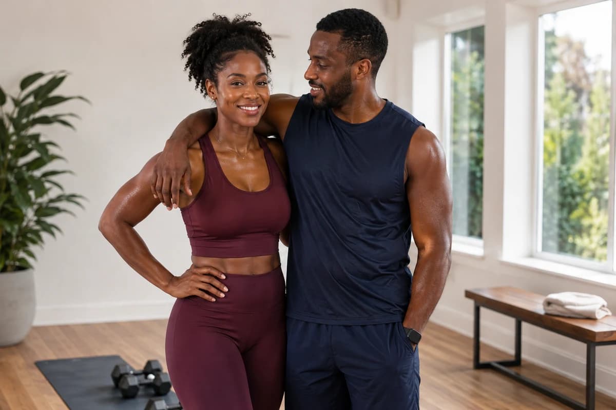 Black man and woman in plum and navy athletic wear standing in a modern home fitness space
