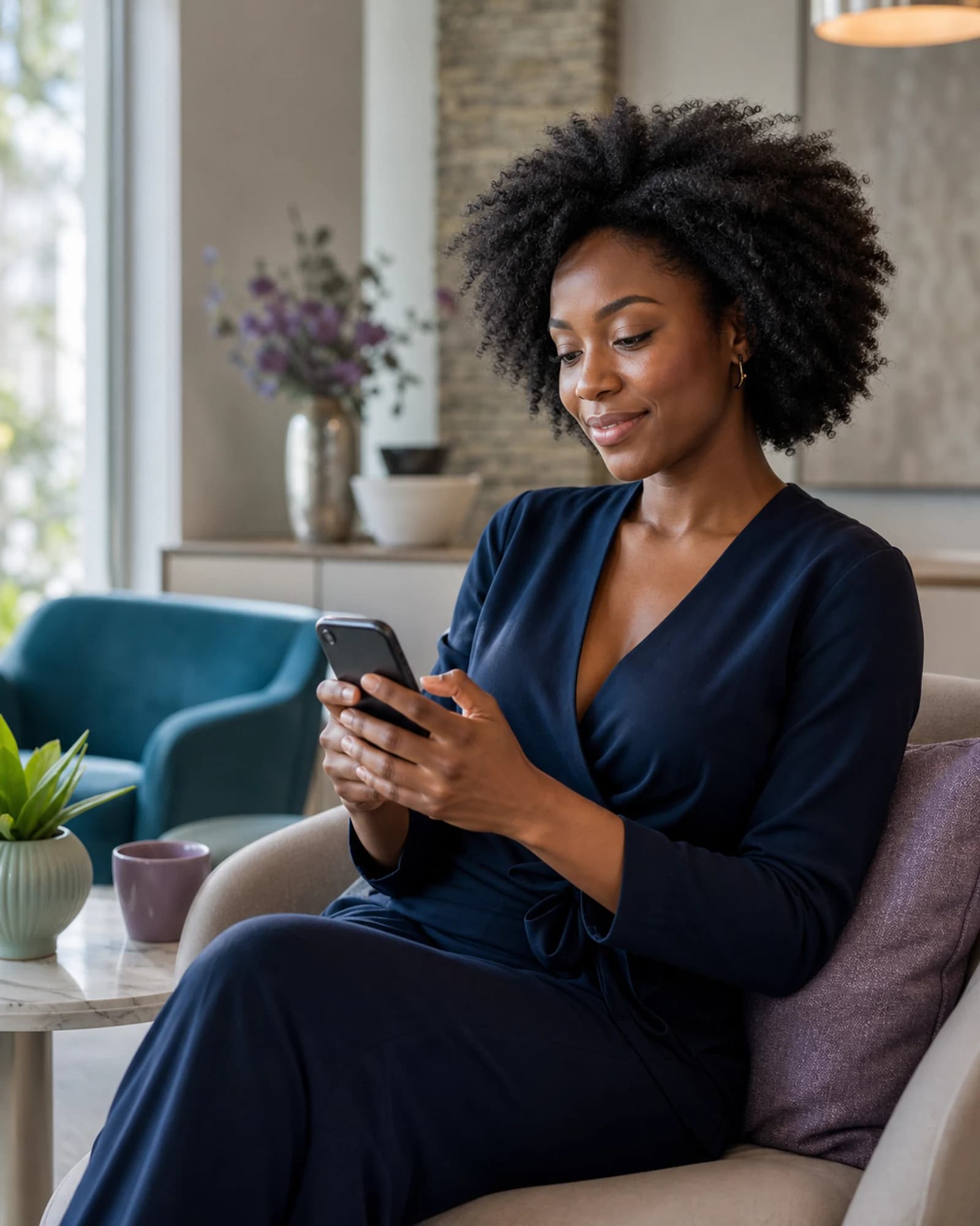 Black woman using her phone to request a CoolSculpting consultation