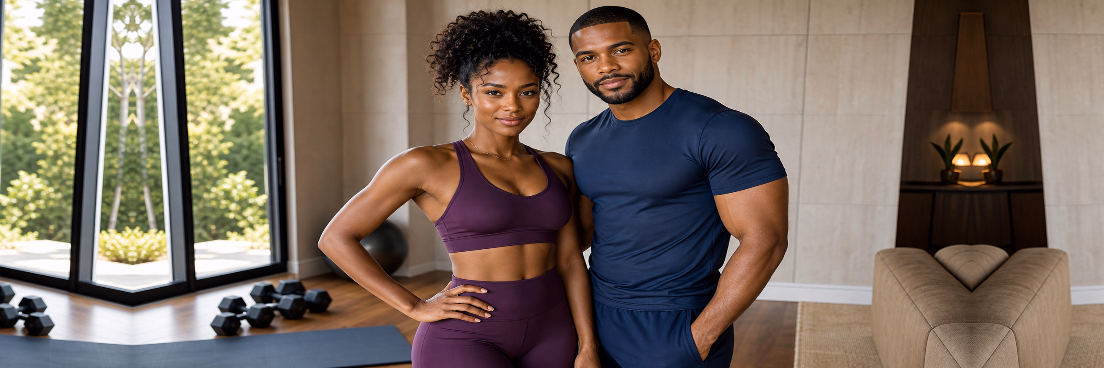 Black man and woman in plum and navy athletic wear standing in a modern home fitness space