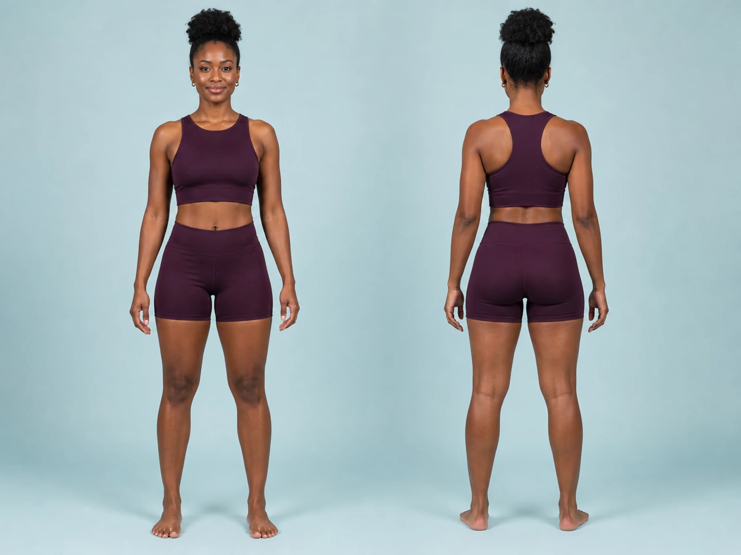 Front and back views of a Black adult model for selecting body-contouring treatment areas