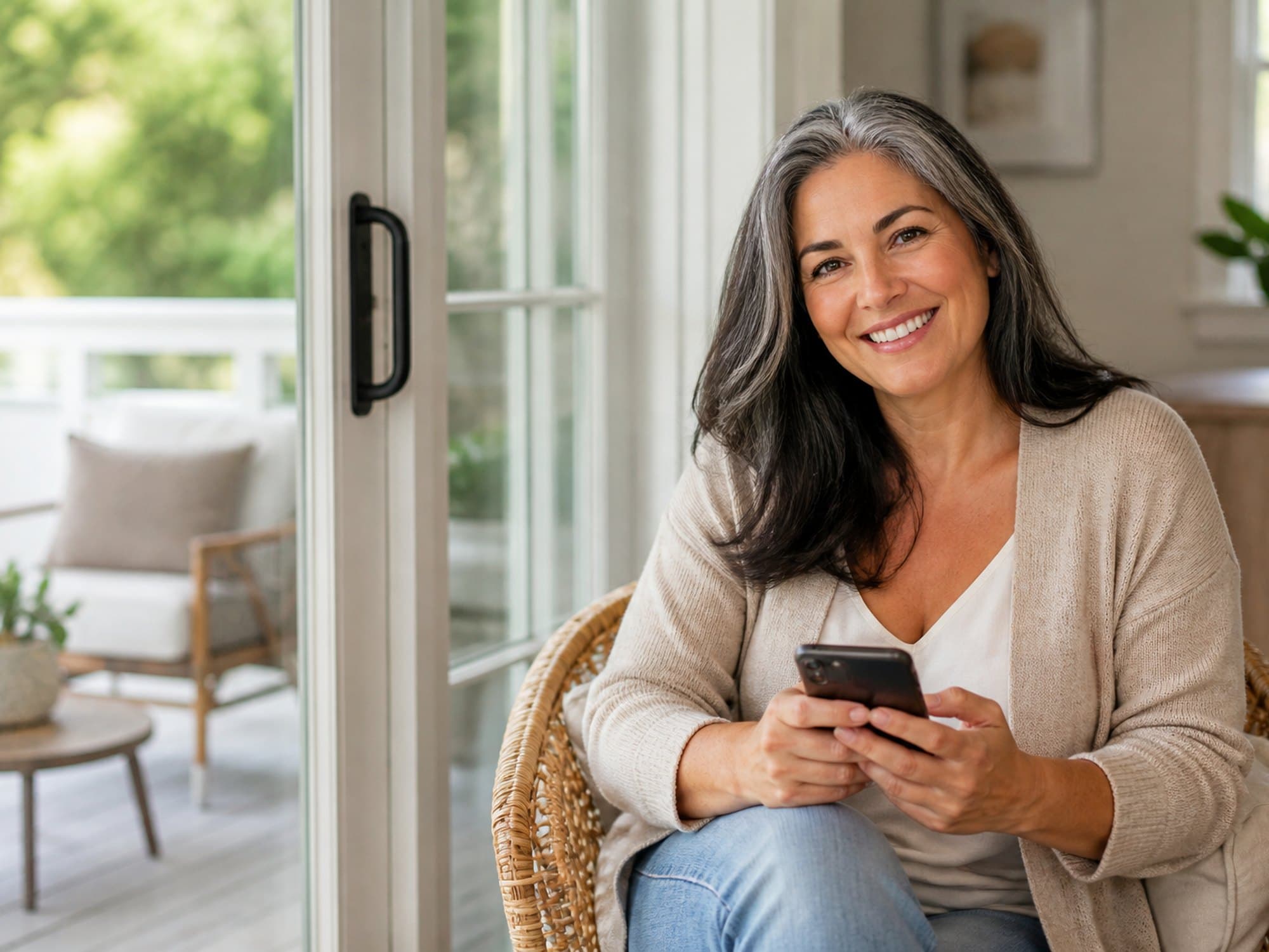 A woman smiling with a phone, ready to call about FoundAyo care