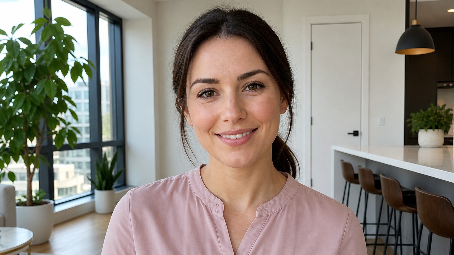A white woman in her late 20s smiling in a bright apartment