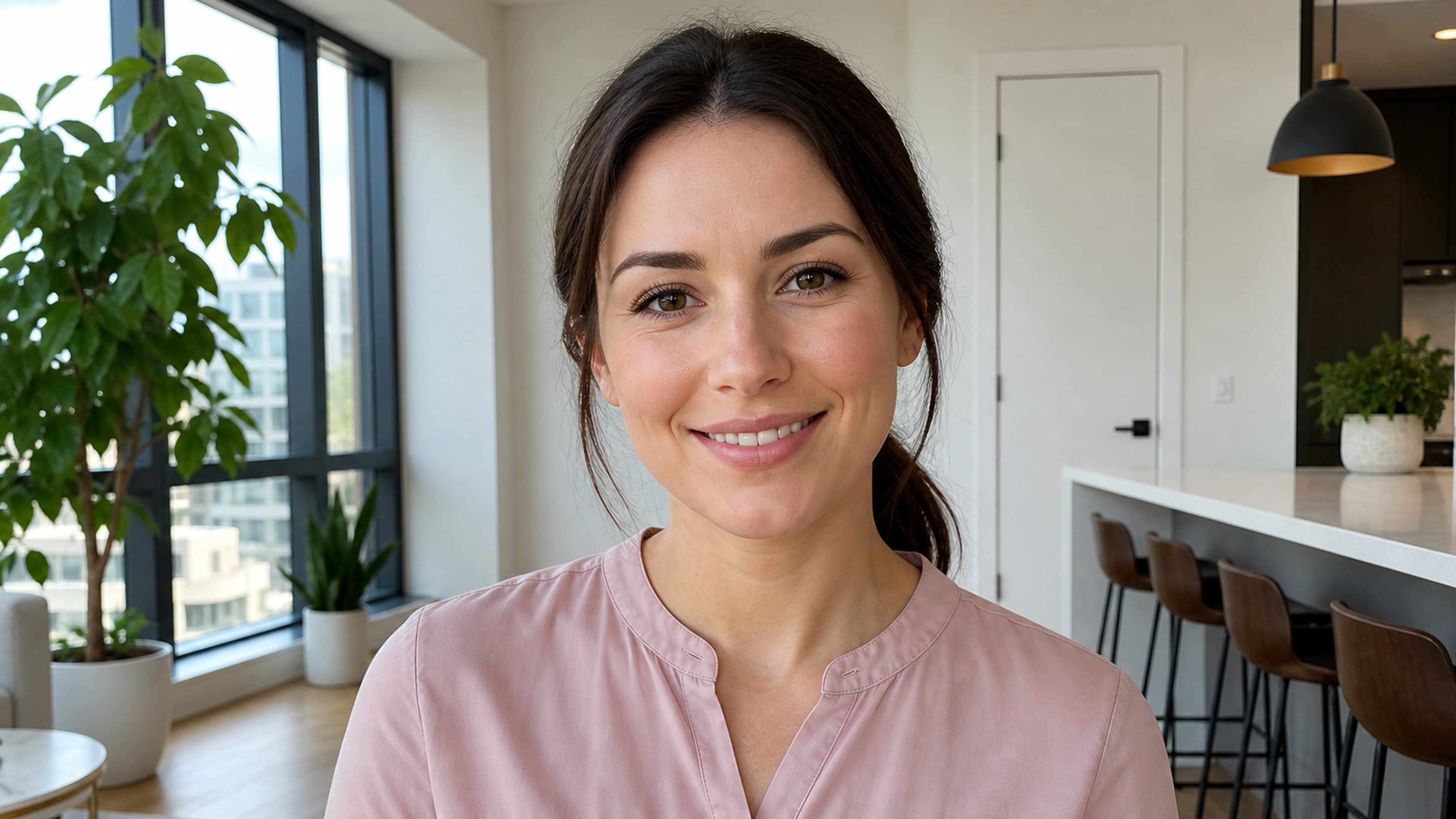 A white woman in her late 20s smiling in a bright apartment