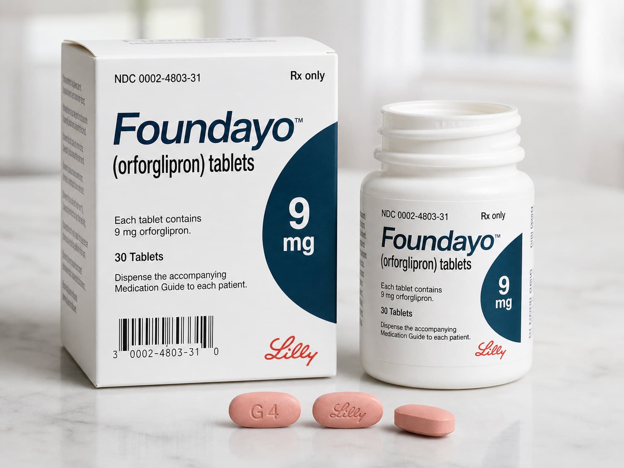 FoundAyo 9 mg carton and bottle with pink oval tablets marked G4 and Lilly