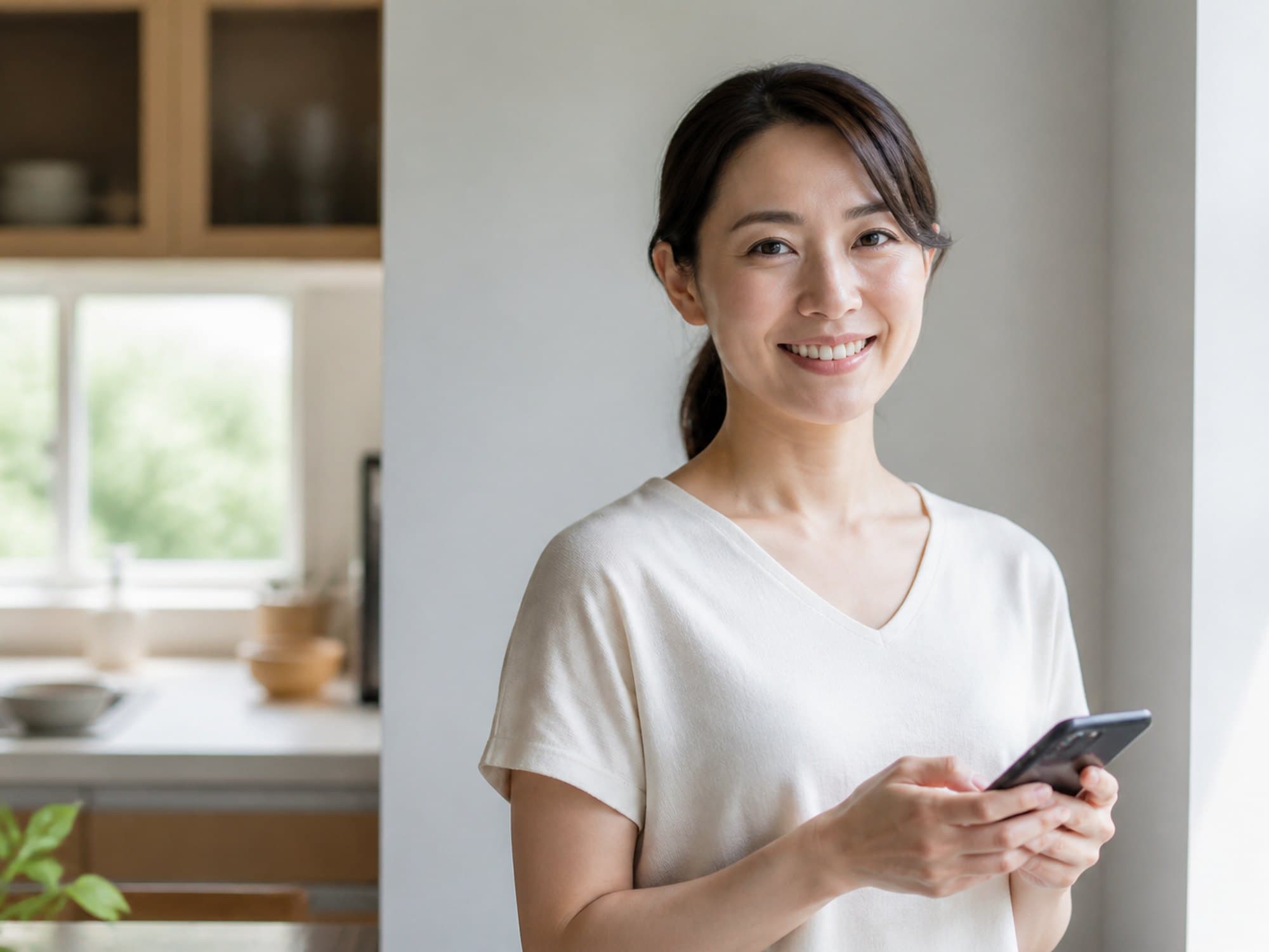 A woman smiling with a phone, ready to call about GLP-1 care questions