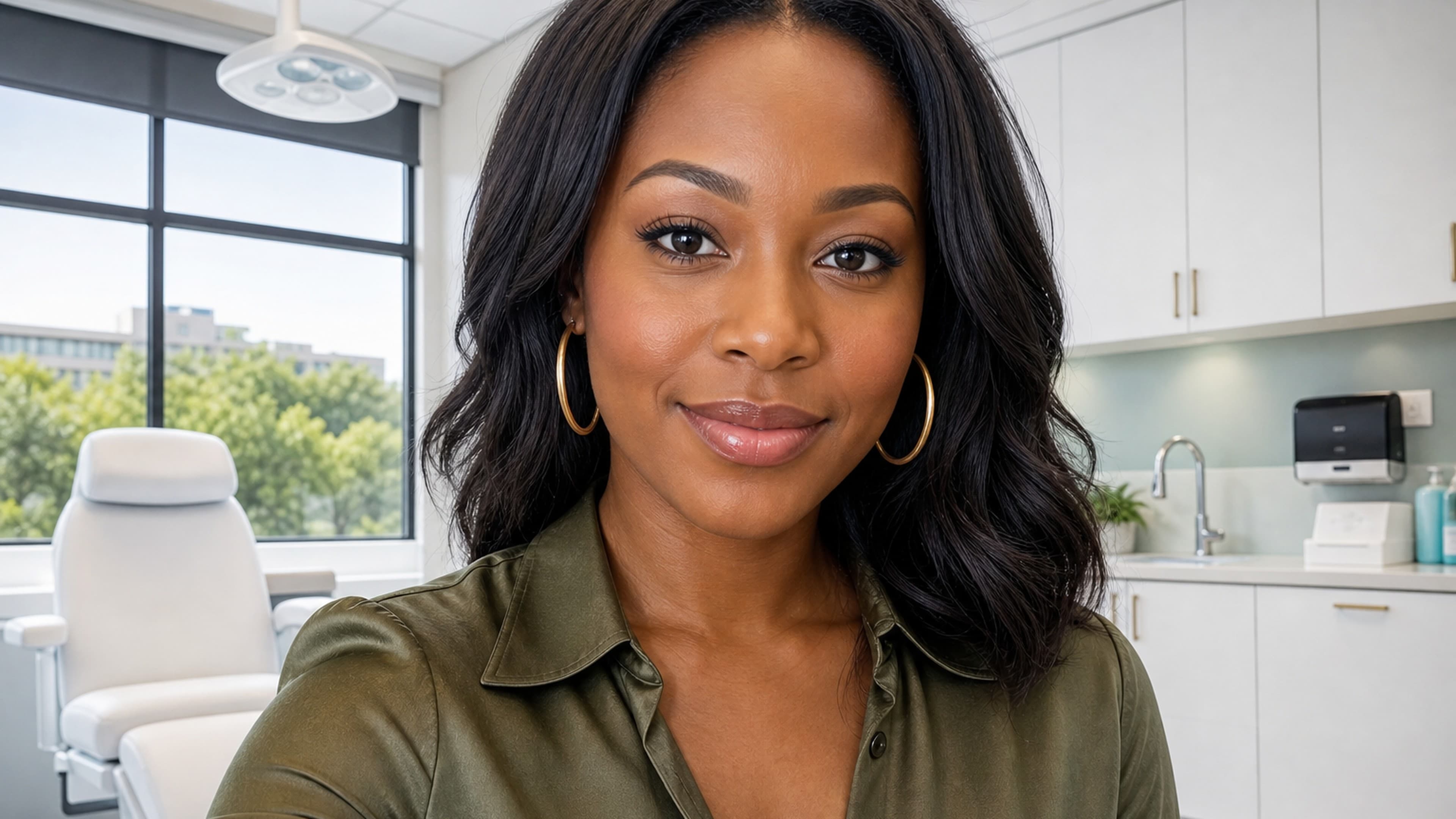 A Black woman in her late 20s smiling in a modern clinic