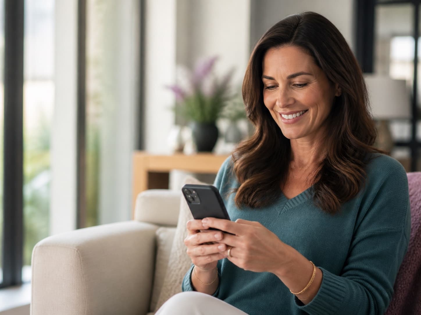 Woman smiling as she texts on her phone in a bright home setting