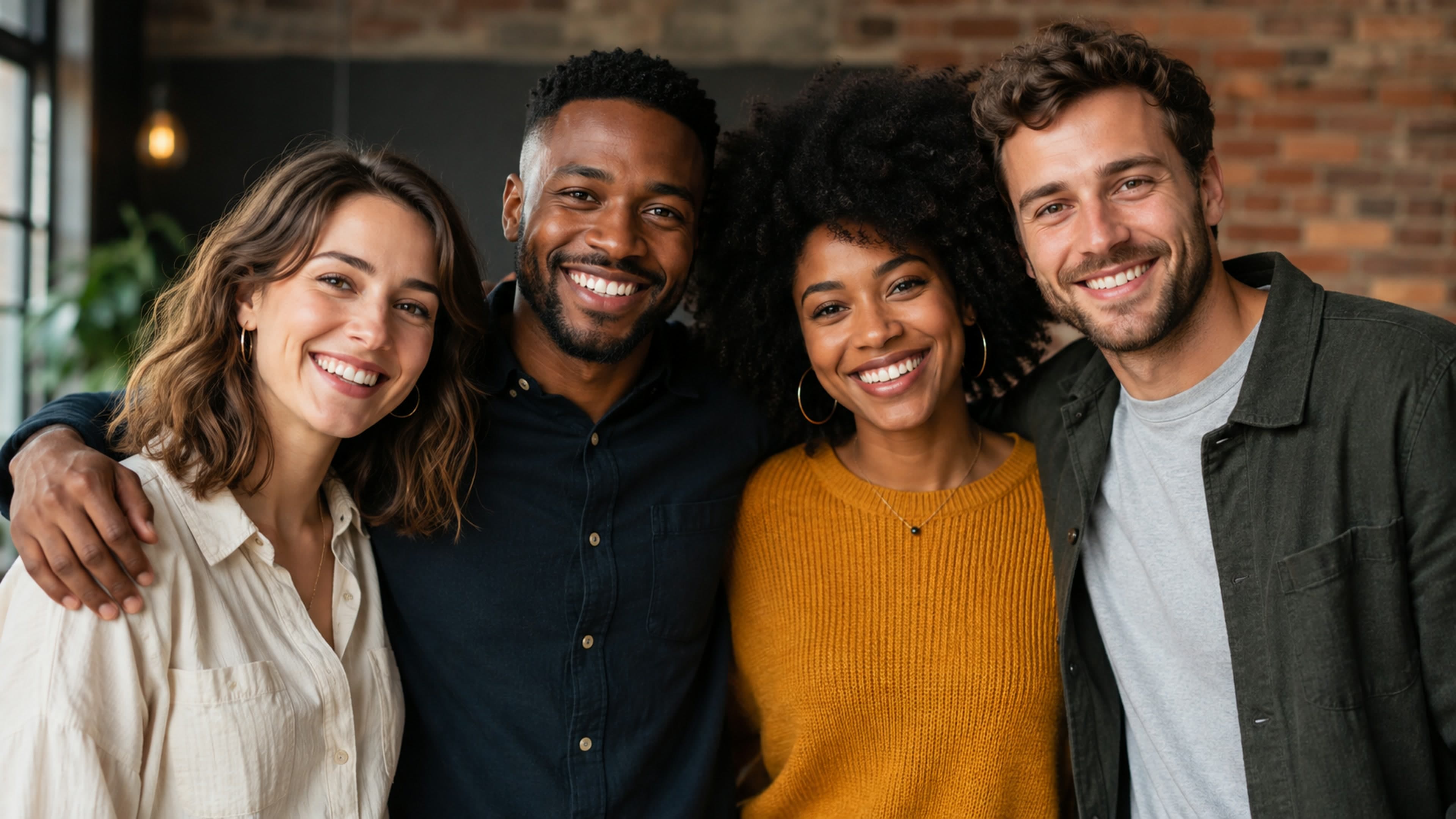 Four adults in casual clothing smiling together in a warm indoor space
