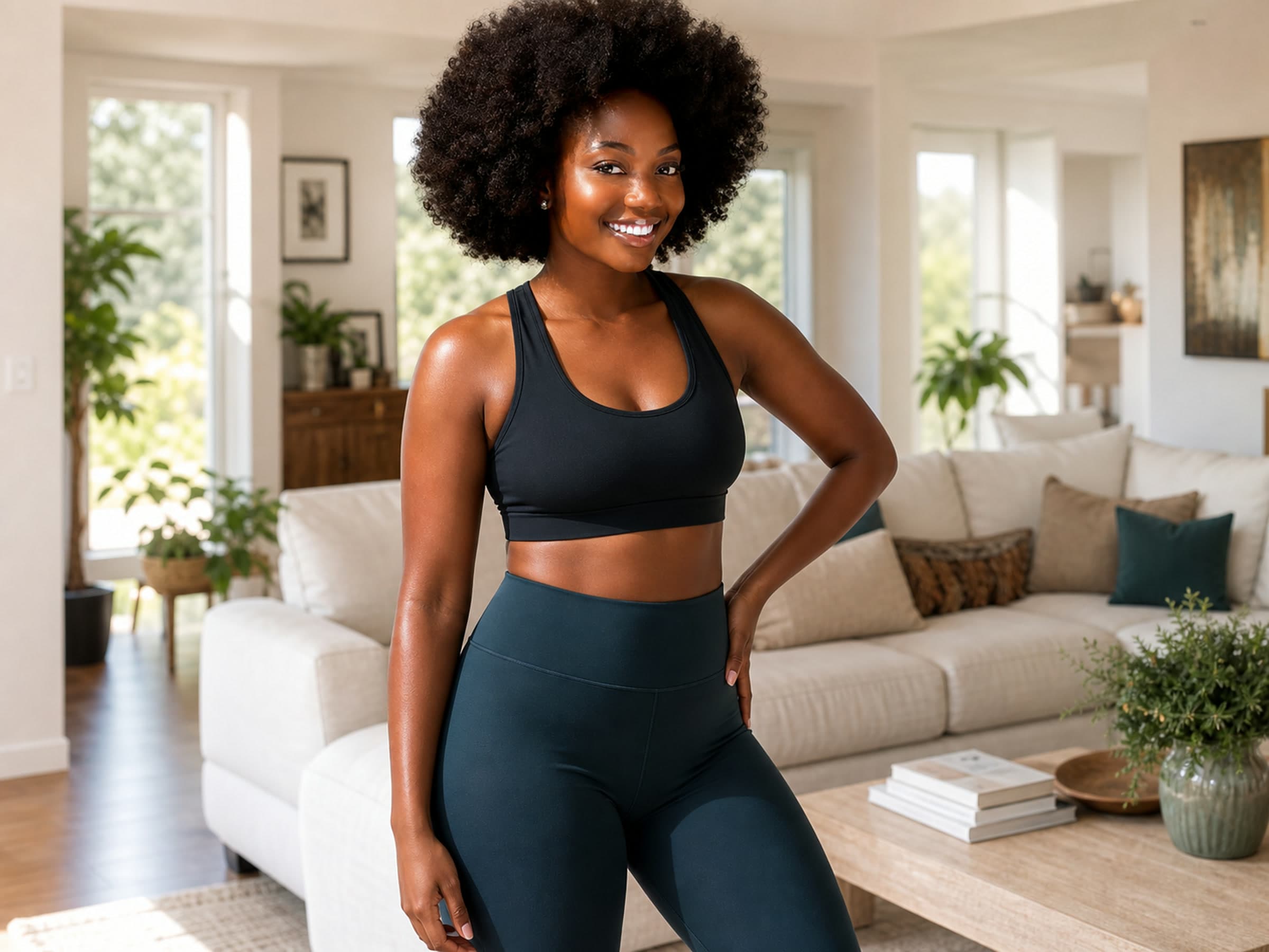 Happy Black woman with a natural Afro wearing sportswear in her sunlit home