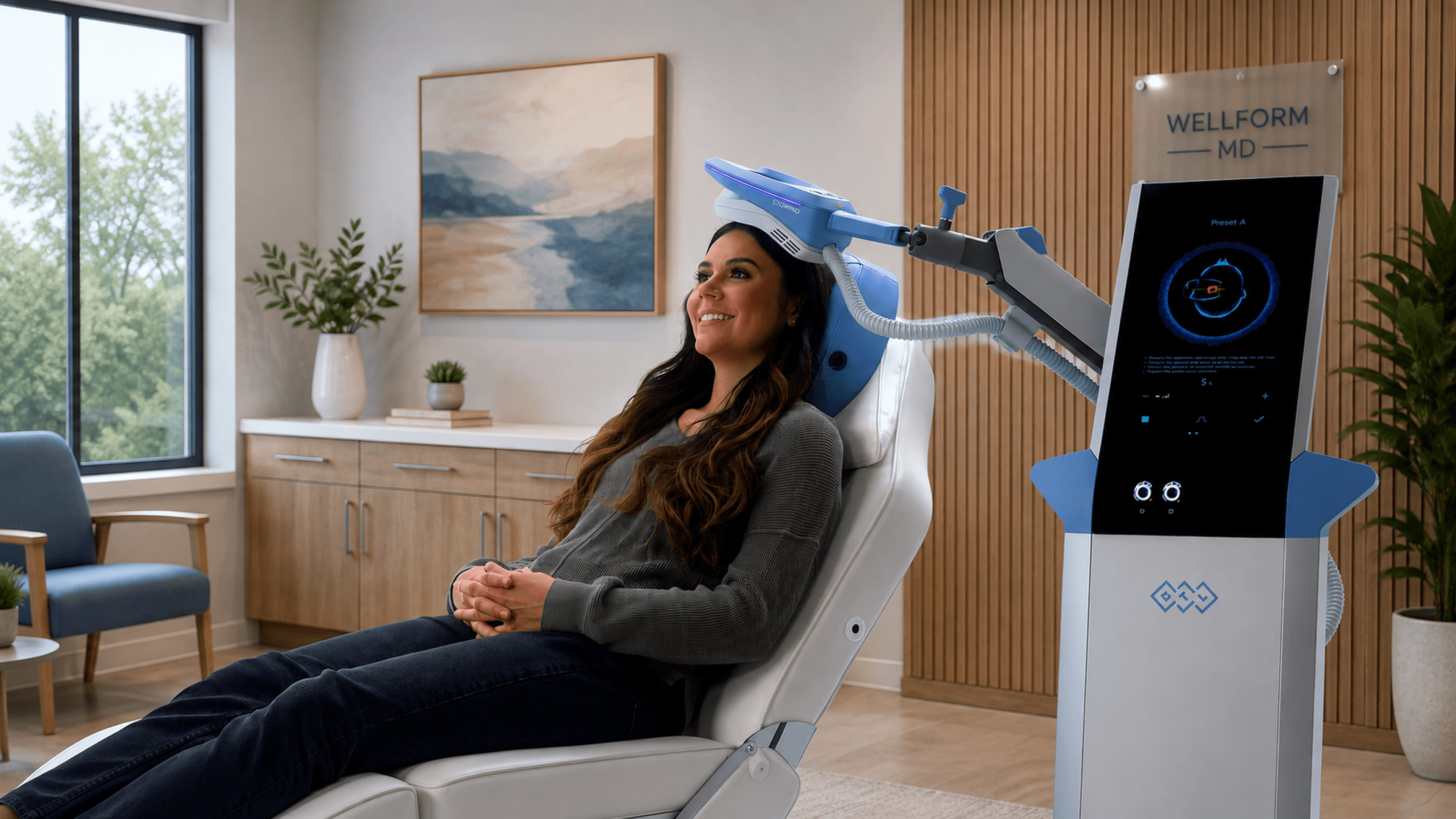Patient receiving EXOMIND rTMS treatment at WellForm MD mental health center in Ankeny