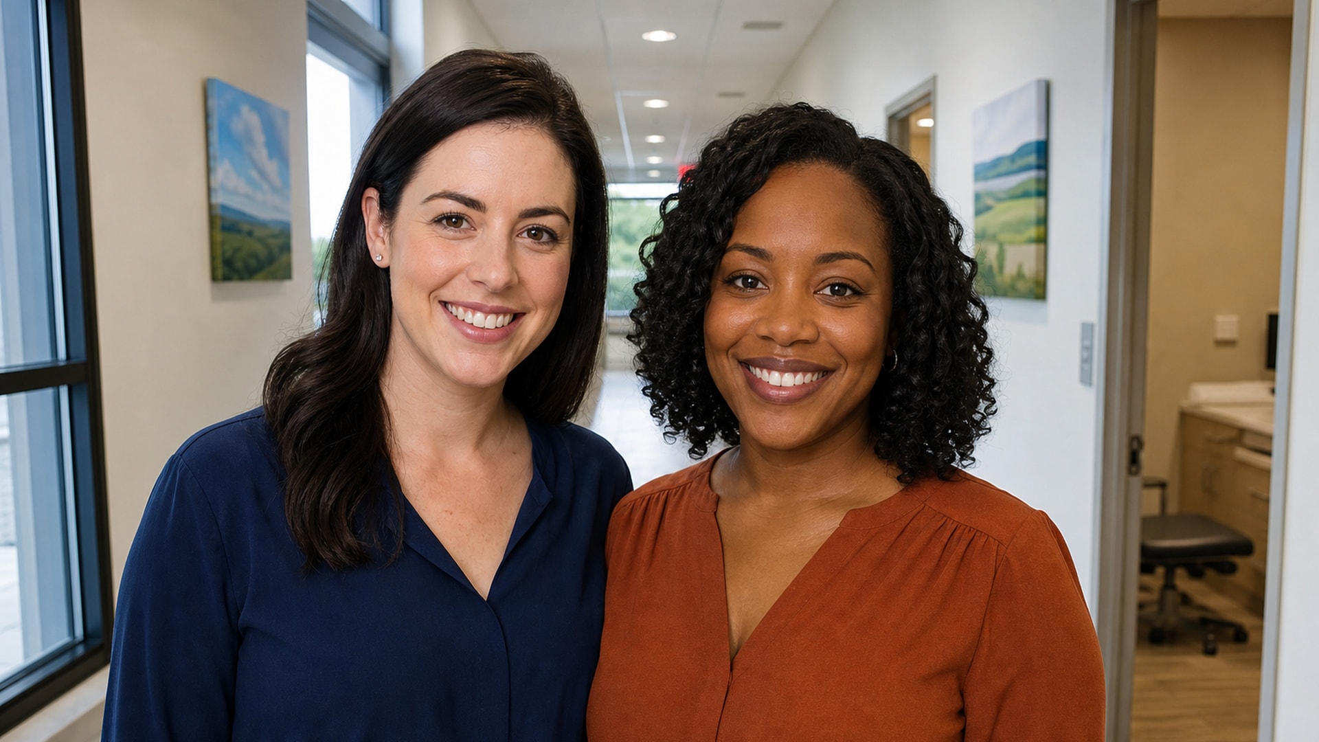 Two women in their late 20s smiling in a clinic corridor