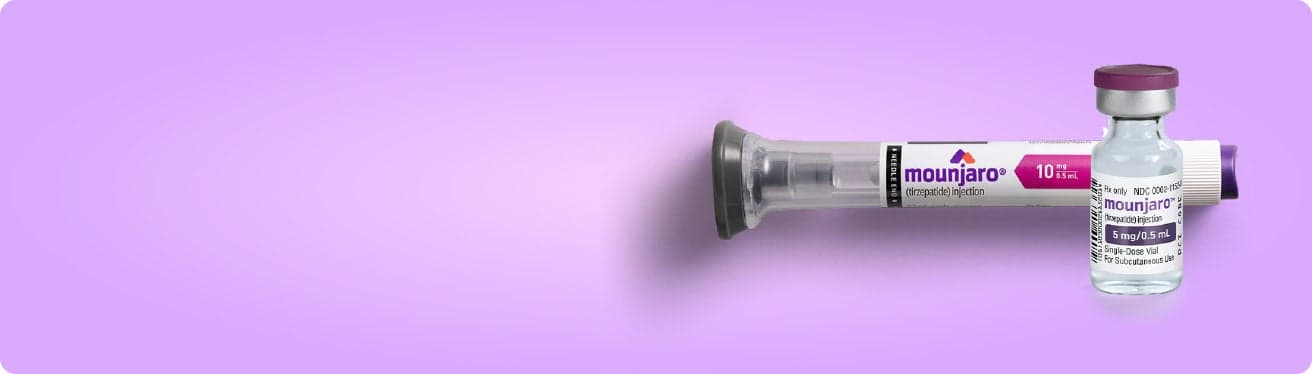 Official manufacturer image of Mounjaro injection device and vial packaging