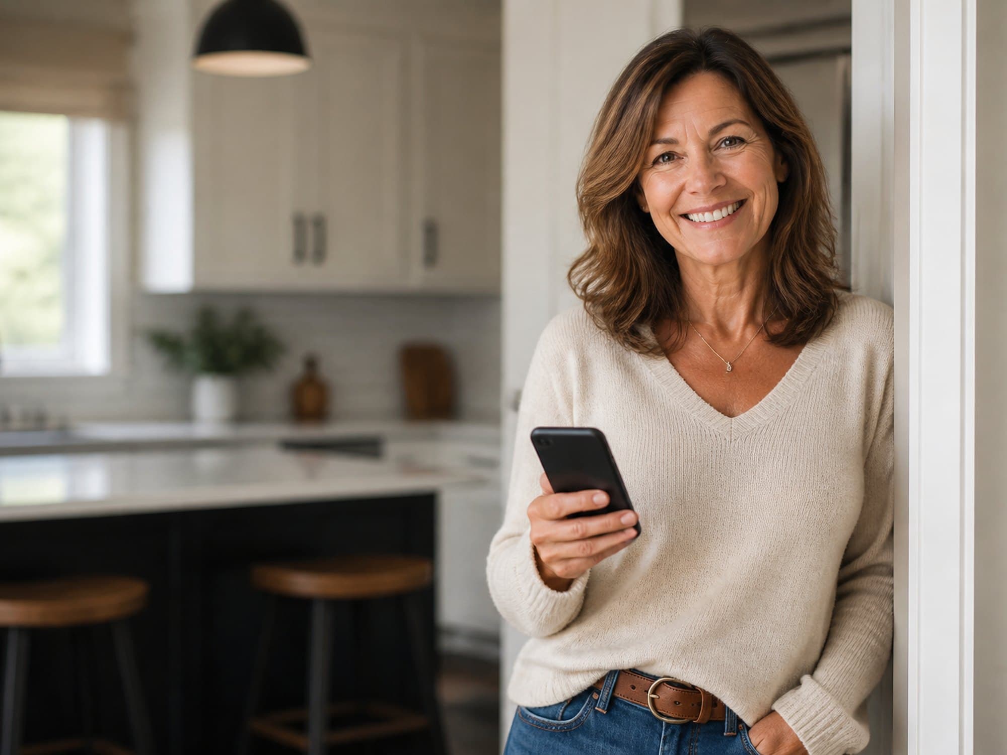 A woman smiling with a phone, ready to call about nutrition counseling