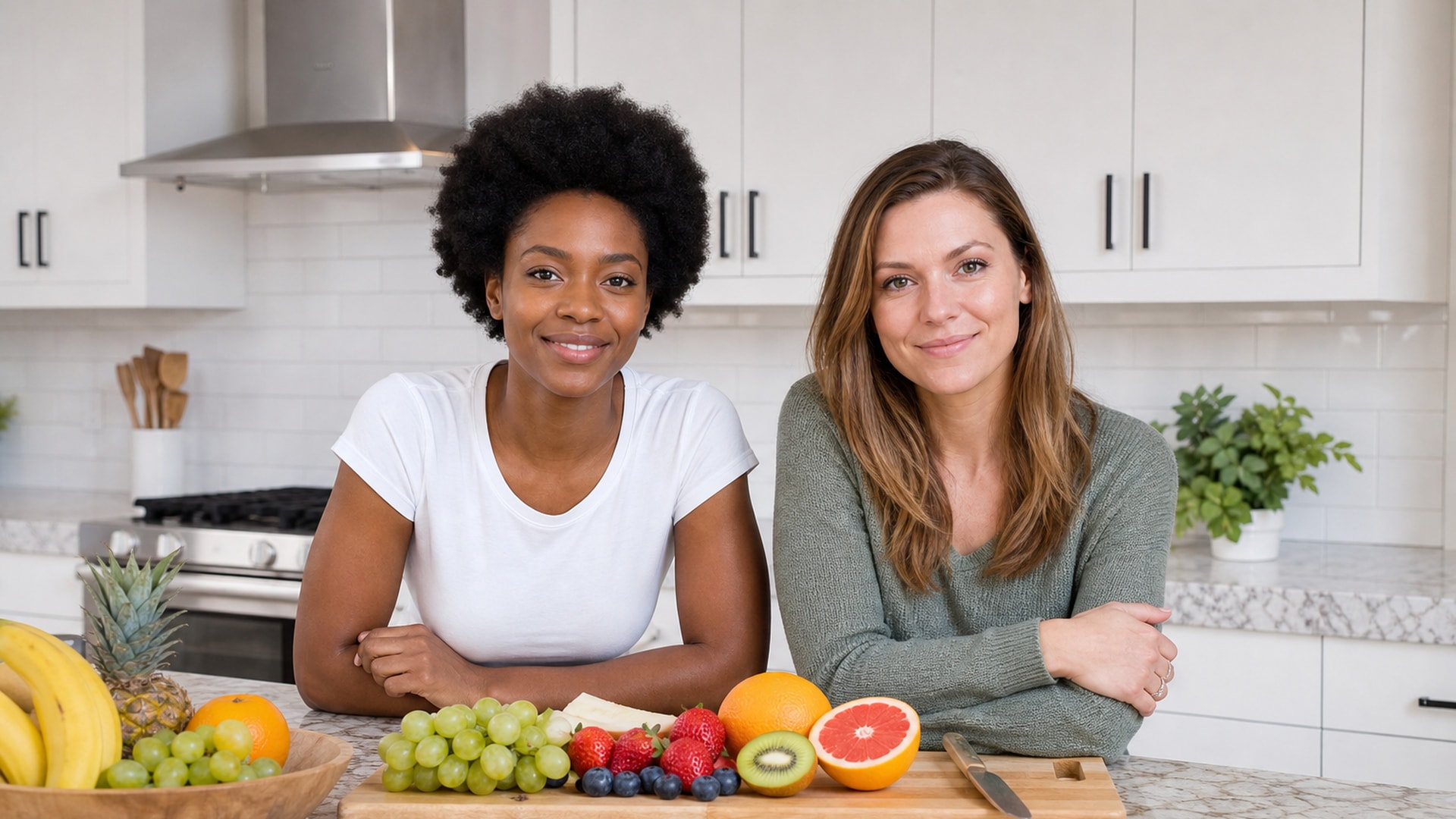Two women in their late 20s at a kitchen island with fresh fruit