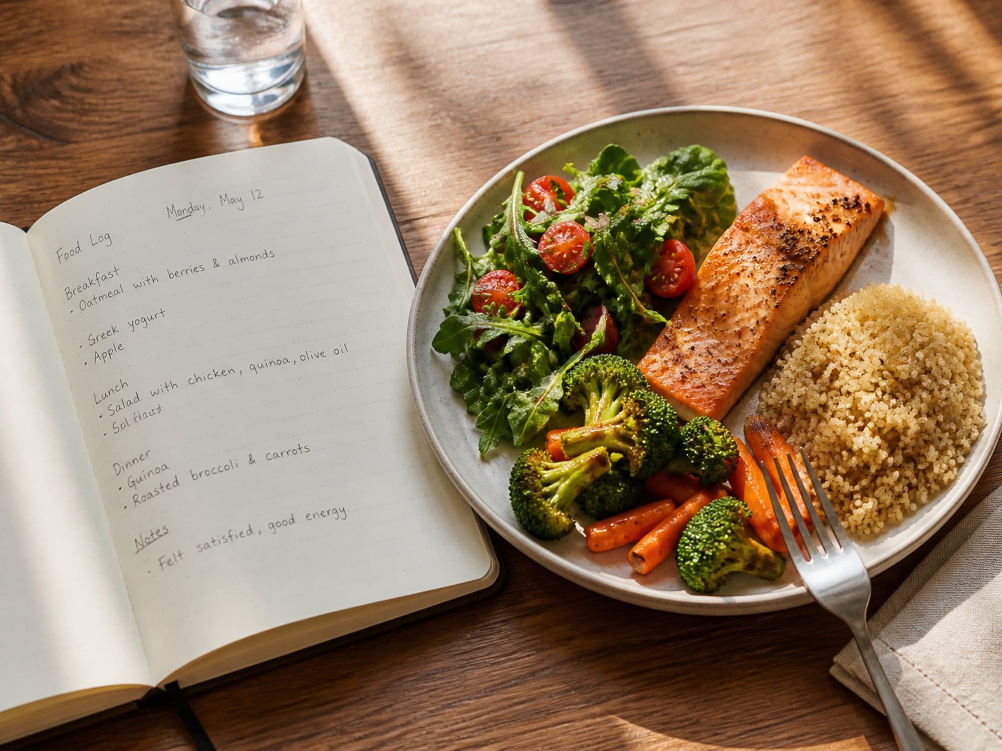 An open food log and a balanced plate on a sunlit table