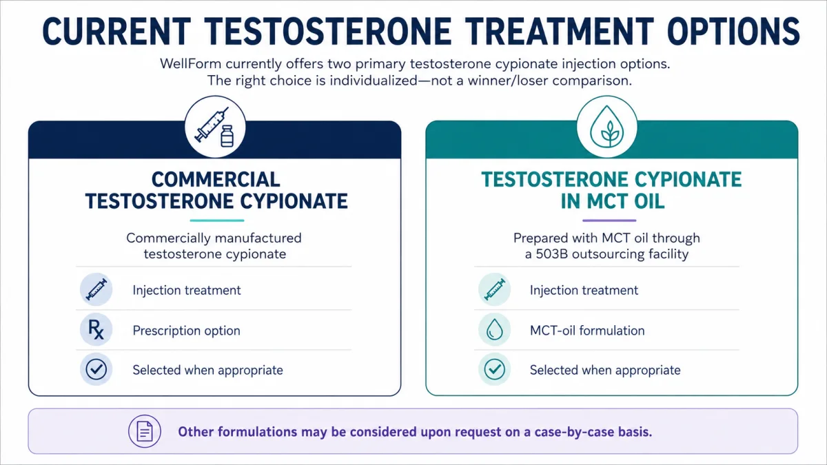 Two equally weighted testosterone cypionate options: commercially manufactured and MCT-oil formulation through a 503B outsourcing facility