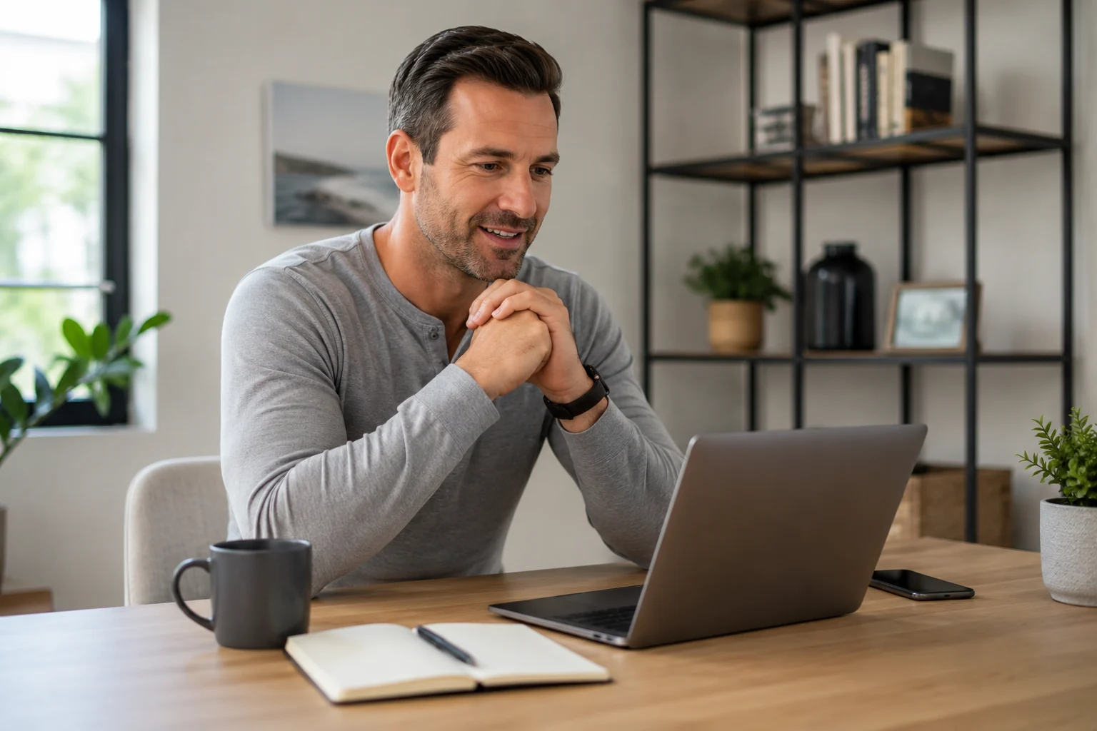 Man participating in a telehealth visit from a home office