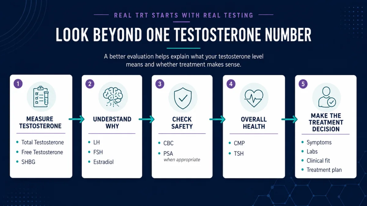 Five-part testosterone laboratory evaluation covering testosterone levels, possible causes, safety, overall health, and the treatment decision