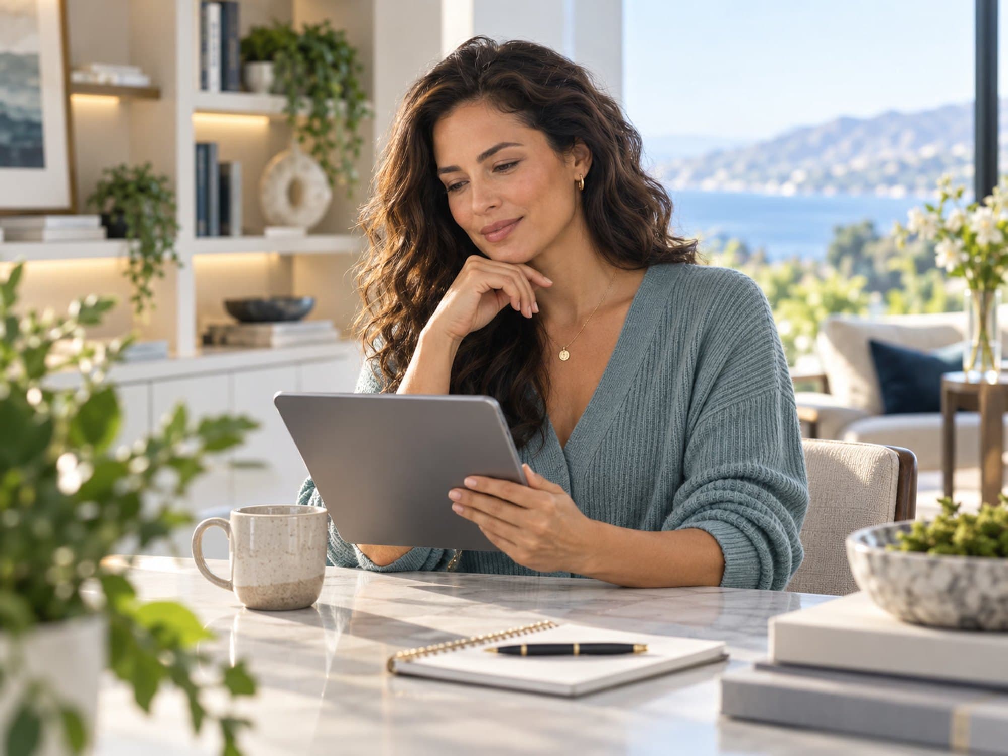 Woman reviewing weight-loss treatment information on a tablet in a bright, comfortable setting.