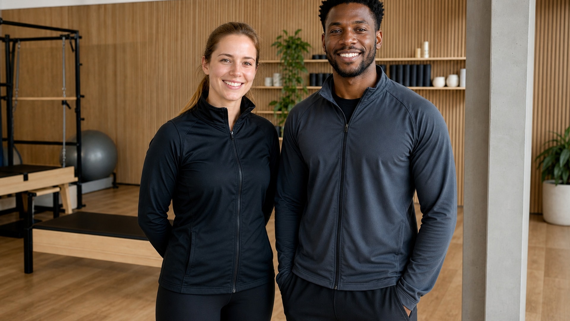 A white woman and a Black man in their late 20s in athletic jackets, smiling in a wellness studio
