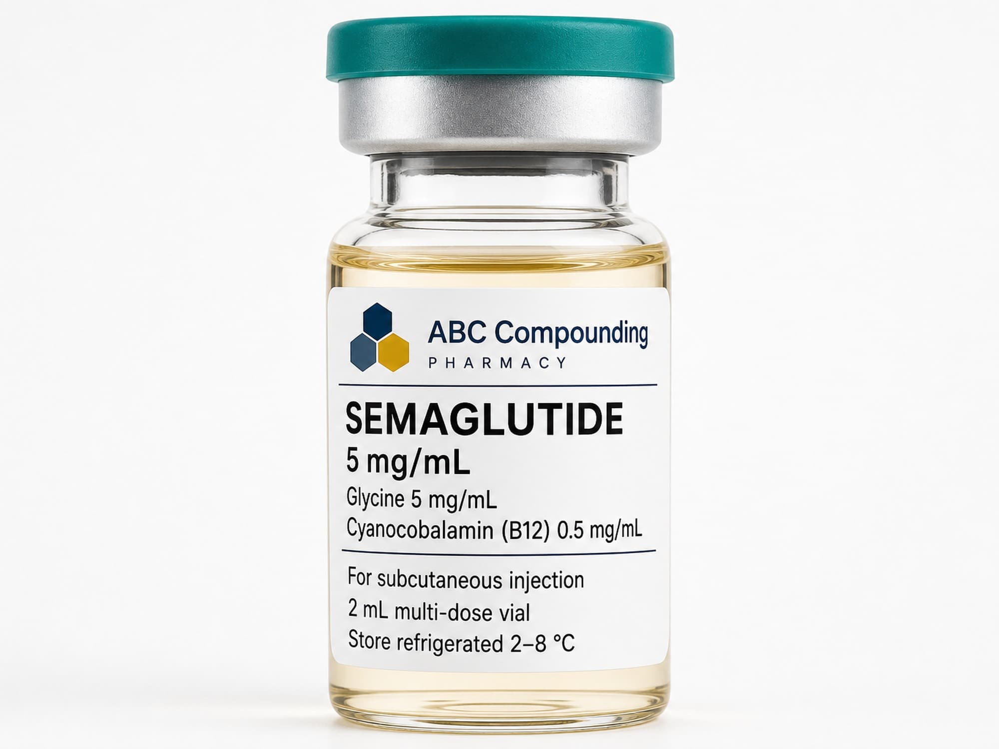 Close-up of an ABC Compounding Semaglutide vial, 5 mg/mL with glycine 5 mg/mL and cyanocobalamin 0.5 mg/mL