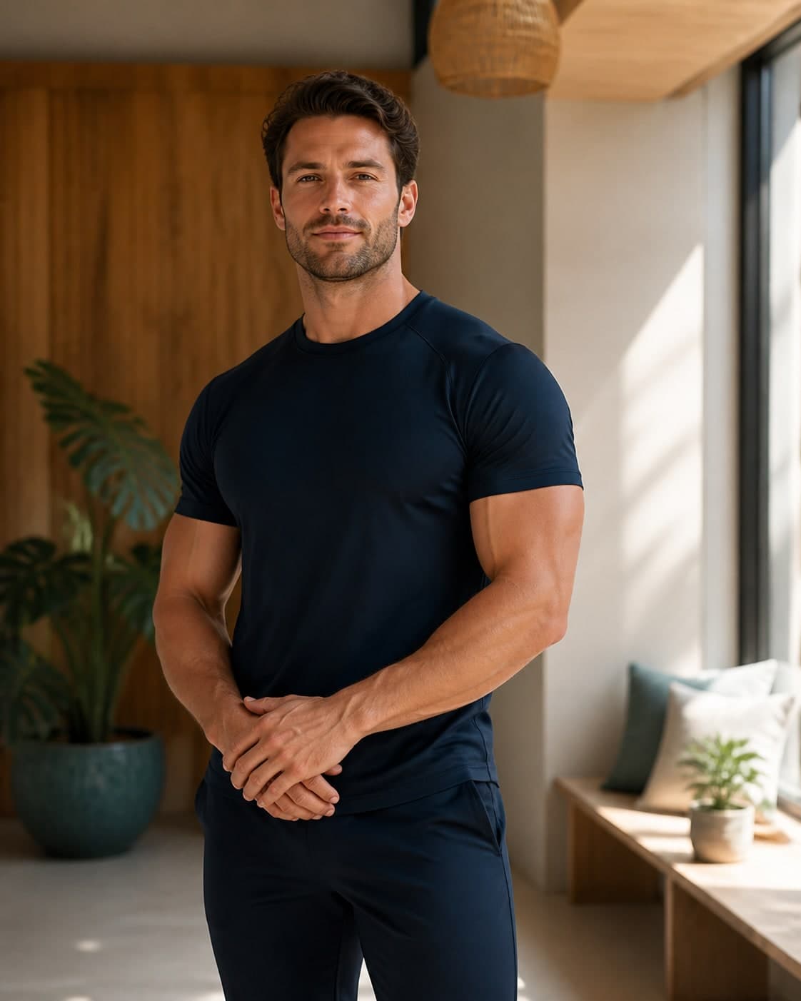 Confident muscular man in navy athletic clothing