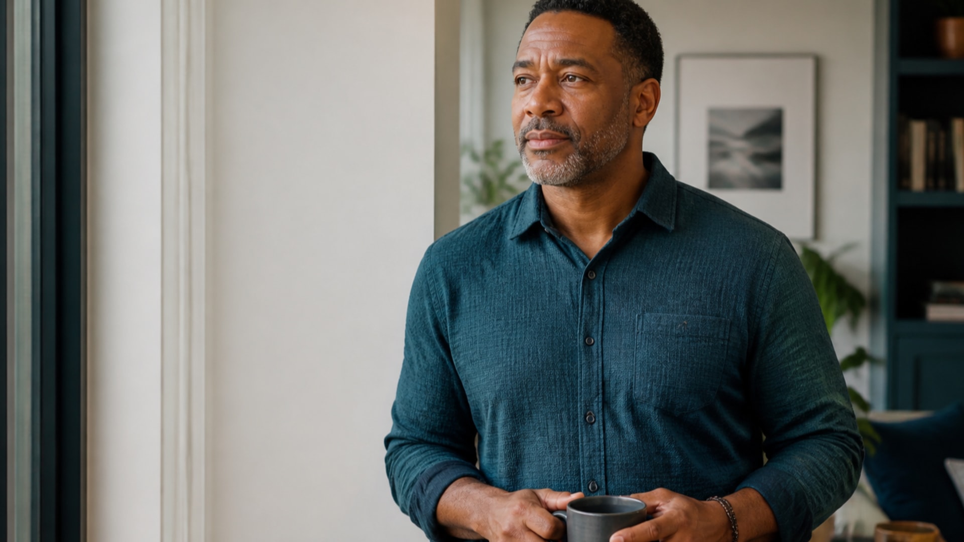 Thoughtful midlife man standing by a window at home before making a healthcare decision