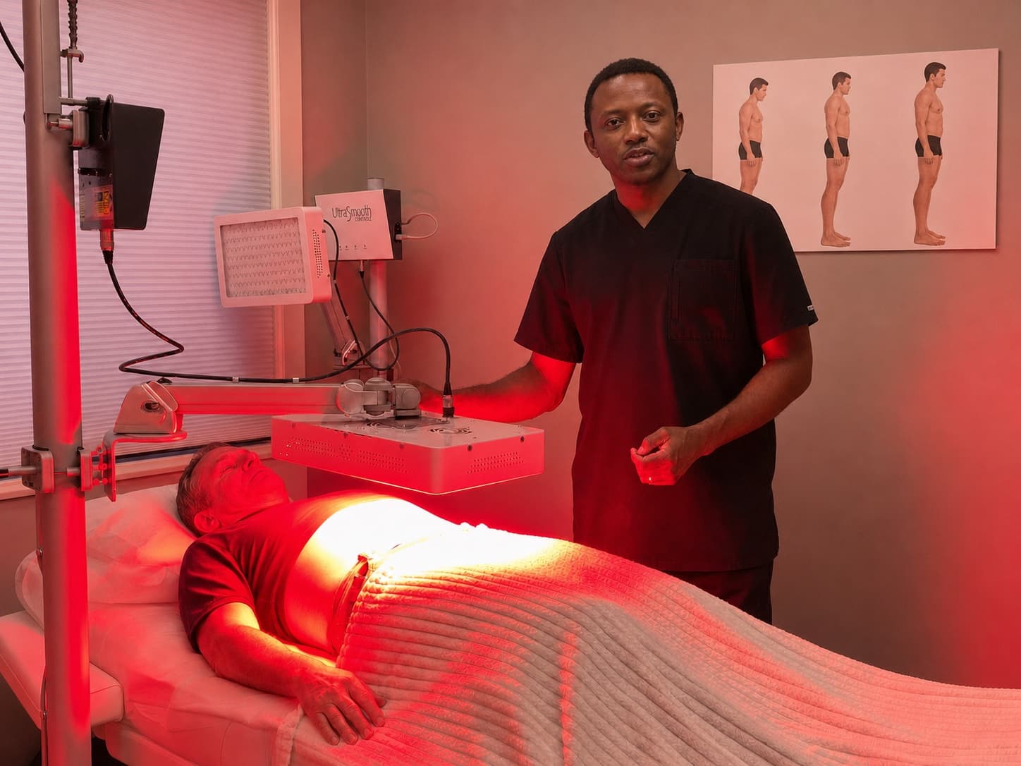 Adult man receiving an UltraSlim red light therapy session with Dr. Patrick Oben at WellForm MD