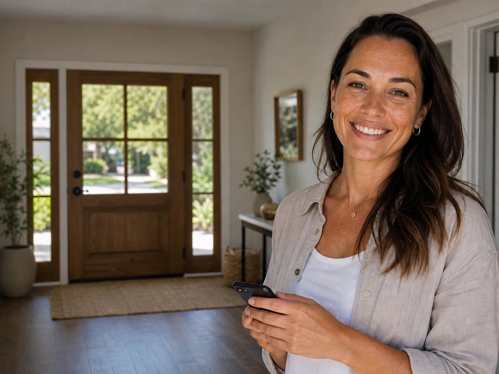 A woman smiling with a phone, ready to call about Wegovy care