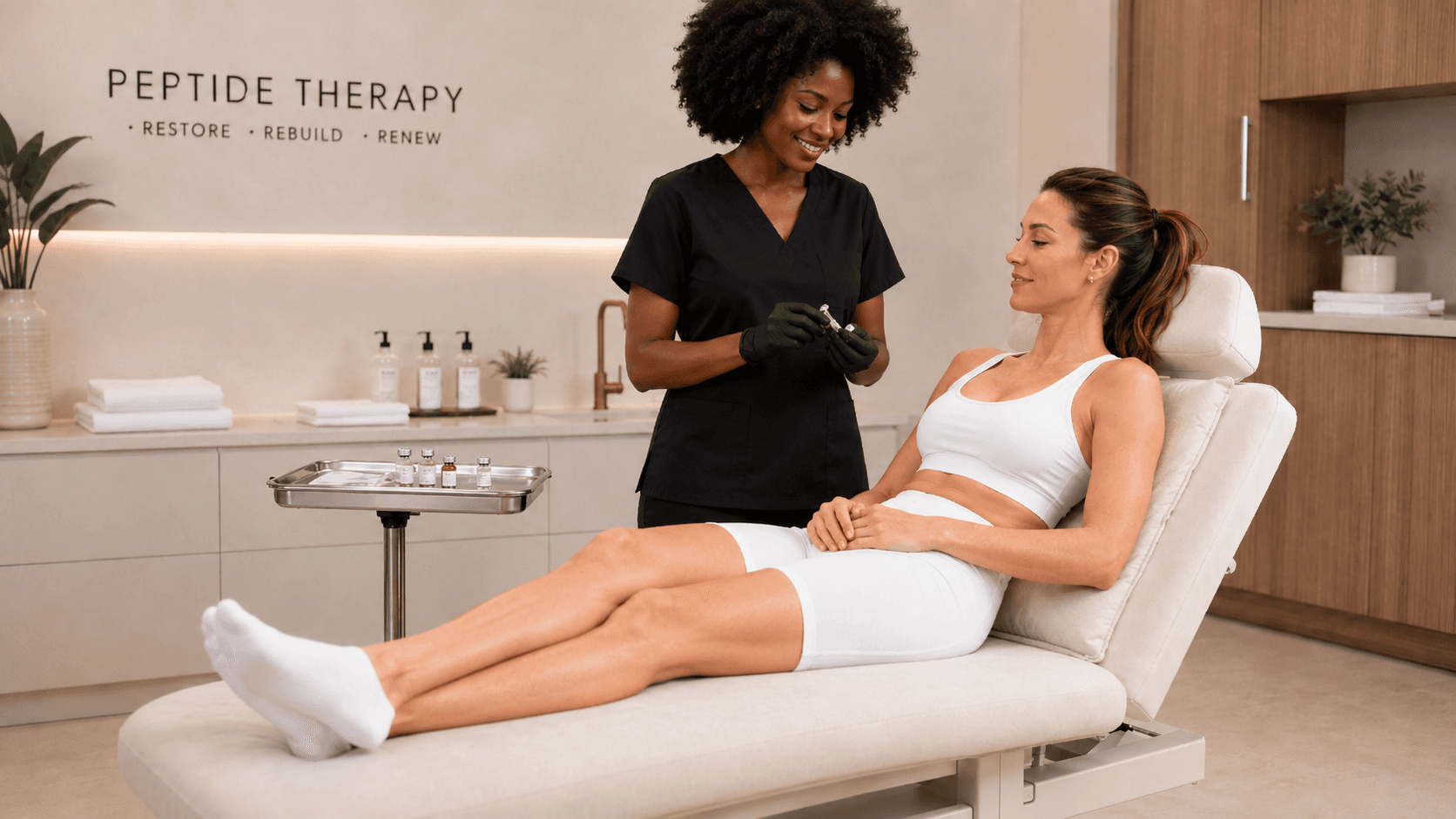 A clinician in black scrubs preparing peptide therapy beside a relaxed woman reclining in a bright WellForm MD treatment room