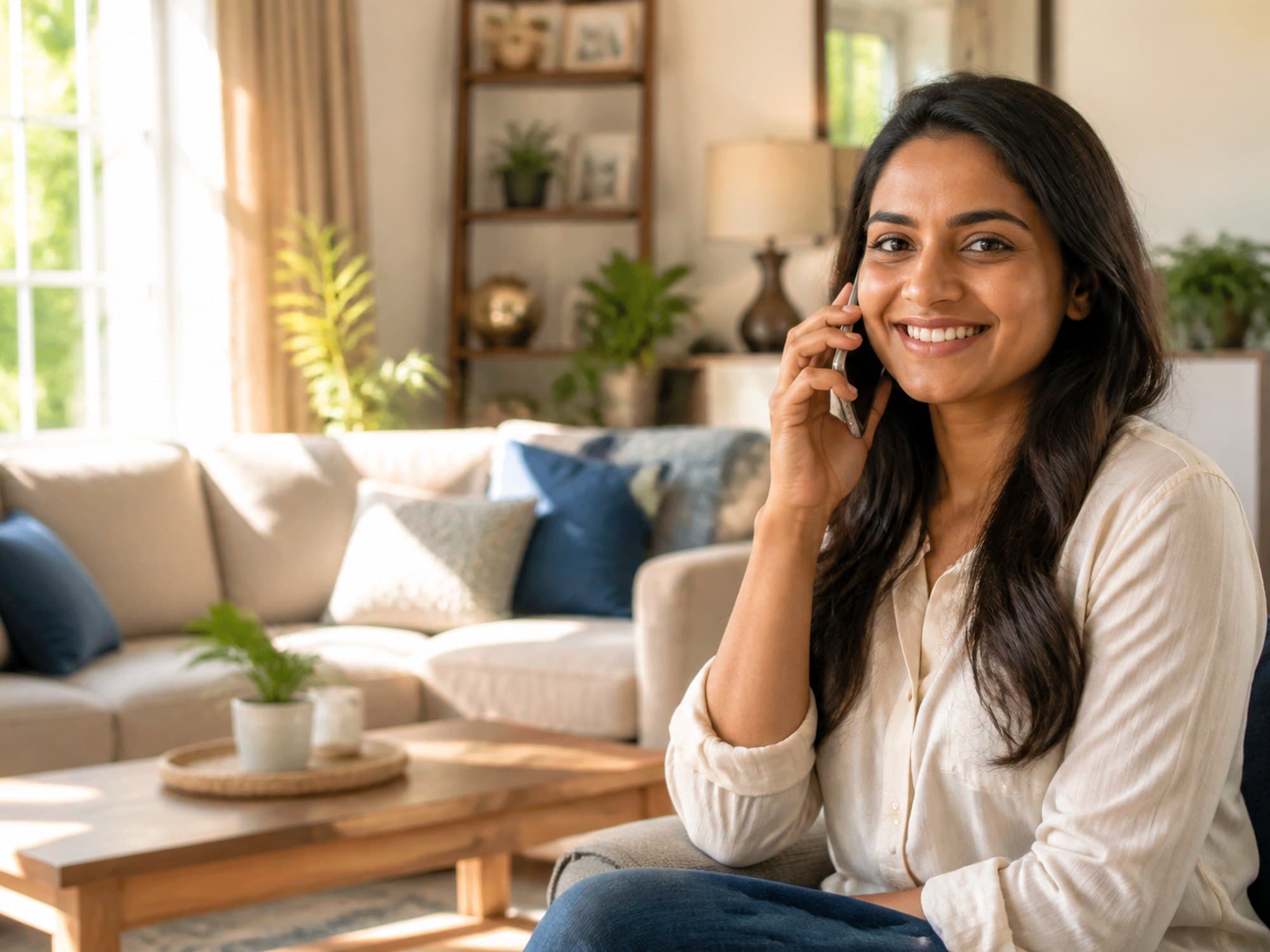 A woman smiling with a phone, ready to call about Zepbound care
