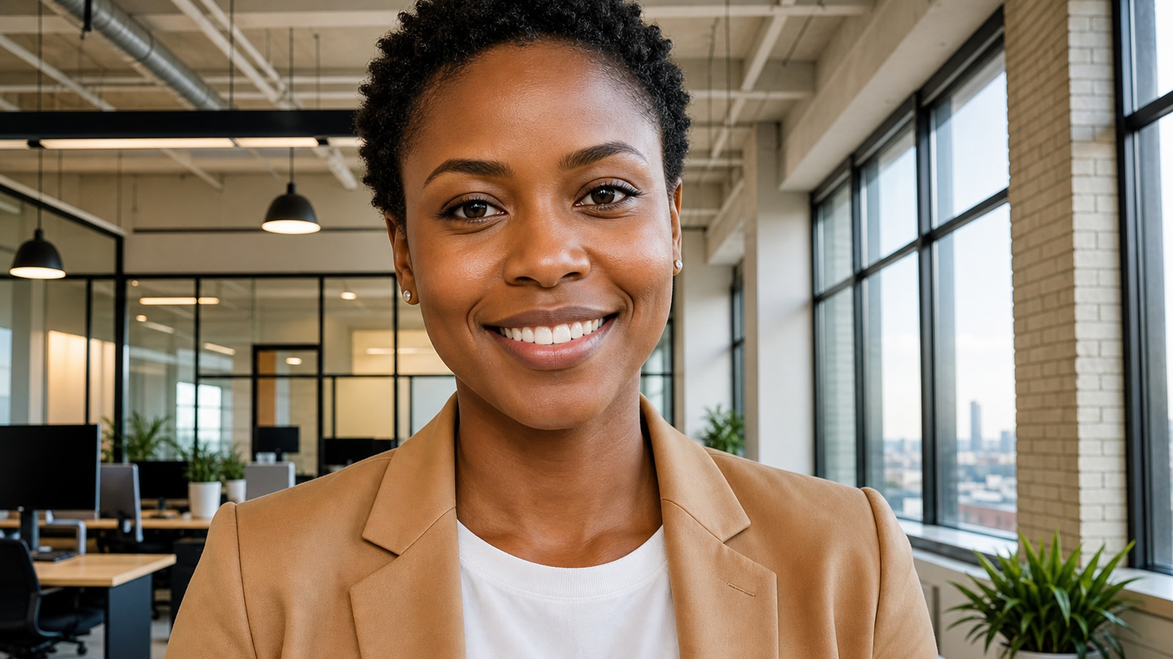 A Black woman in her late 20s smiling in a bright office