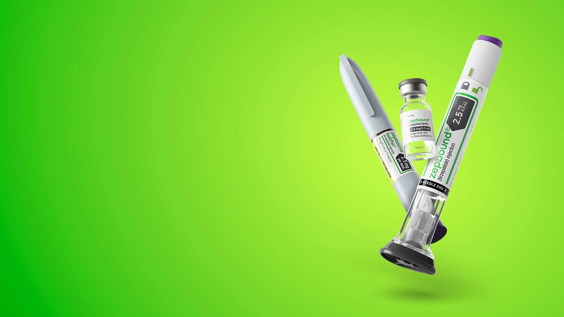 Official manufacturer image of Zepbound pen, KwikPen, and vial packaging