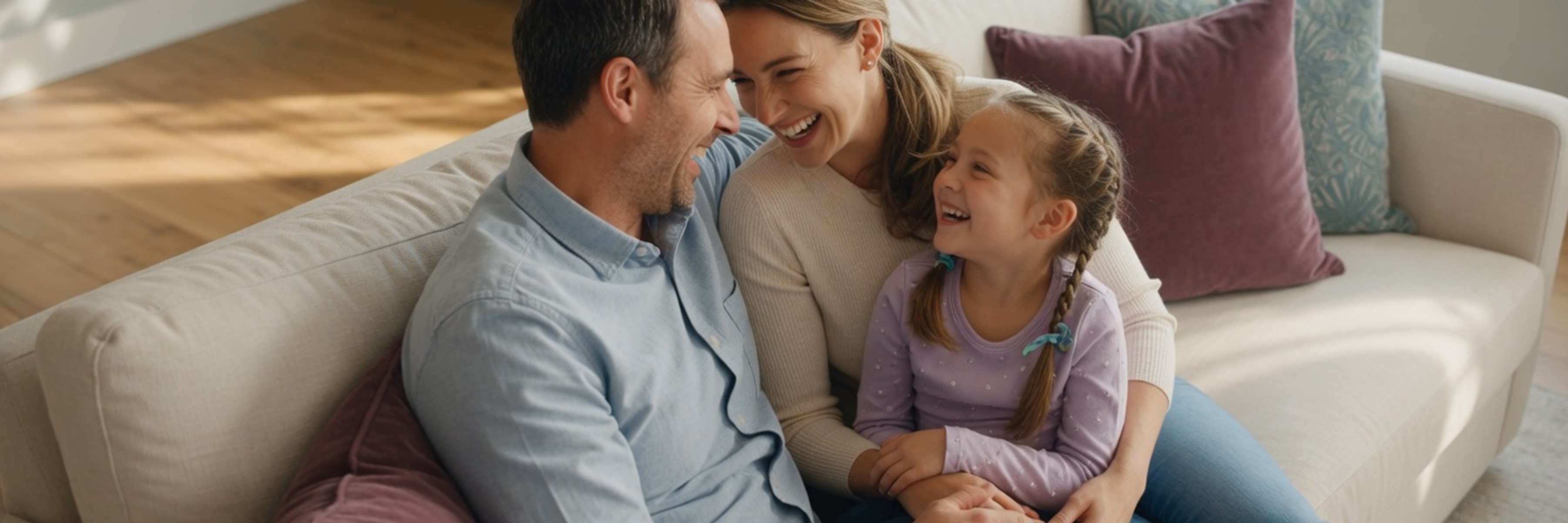Family sitting together on a sofa in a sunlit living room